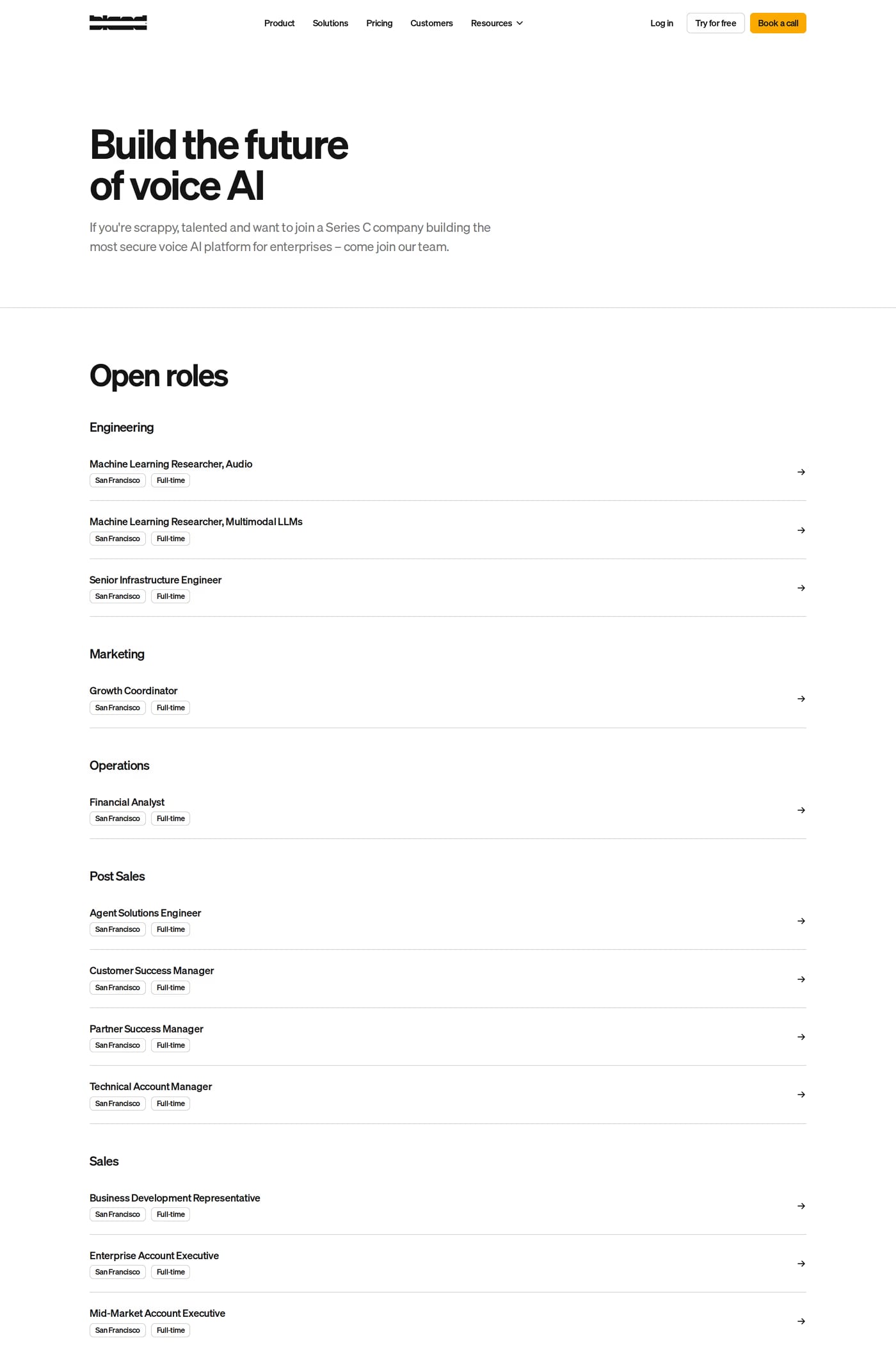 Bland AI careers page