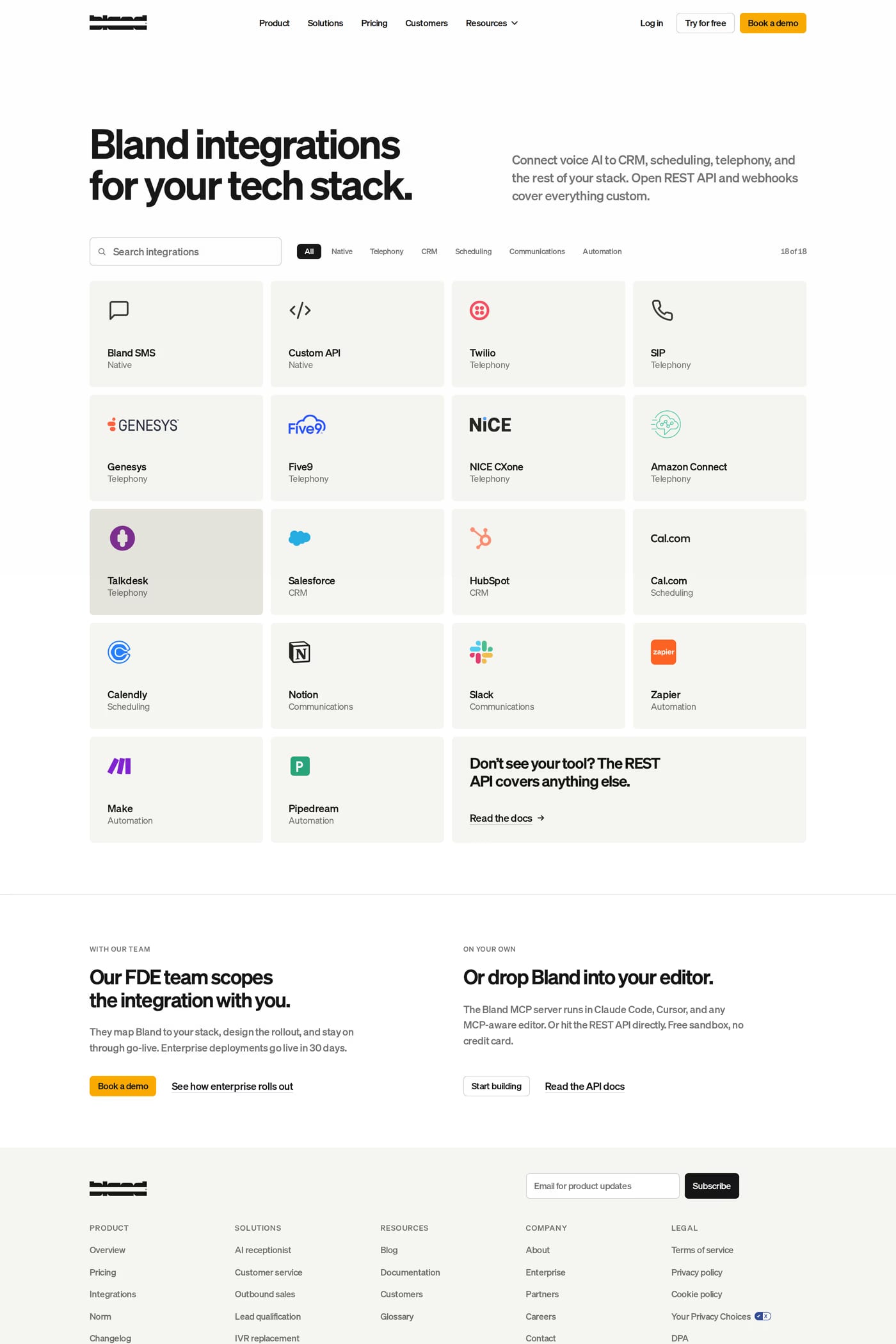 Bland AI integrations page