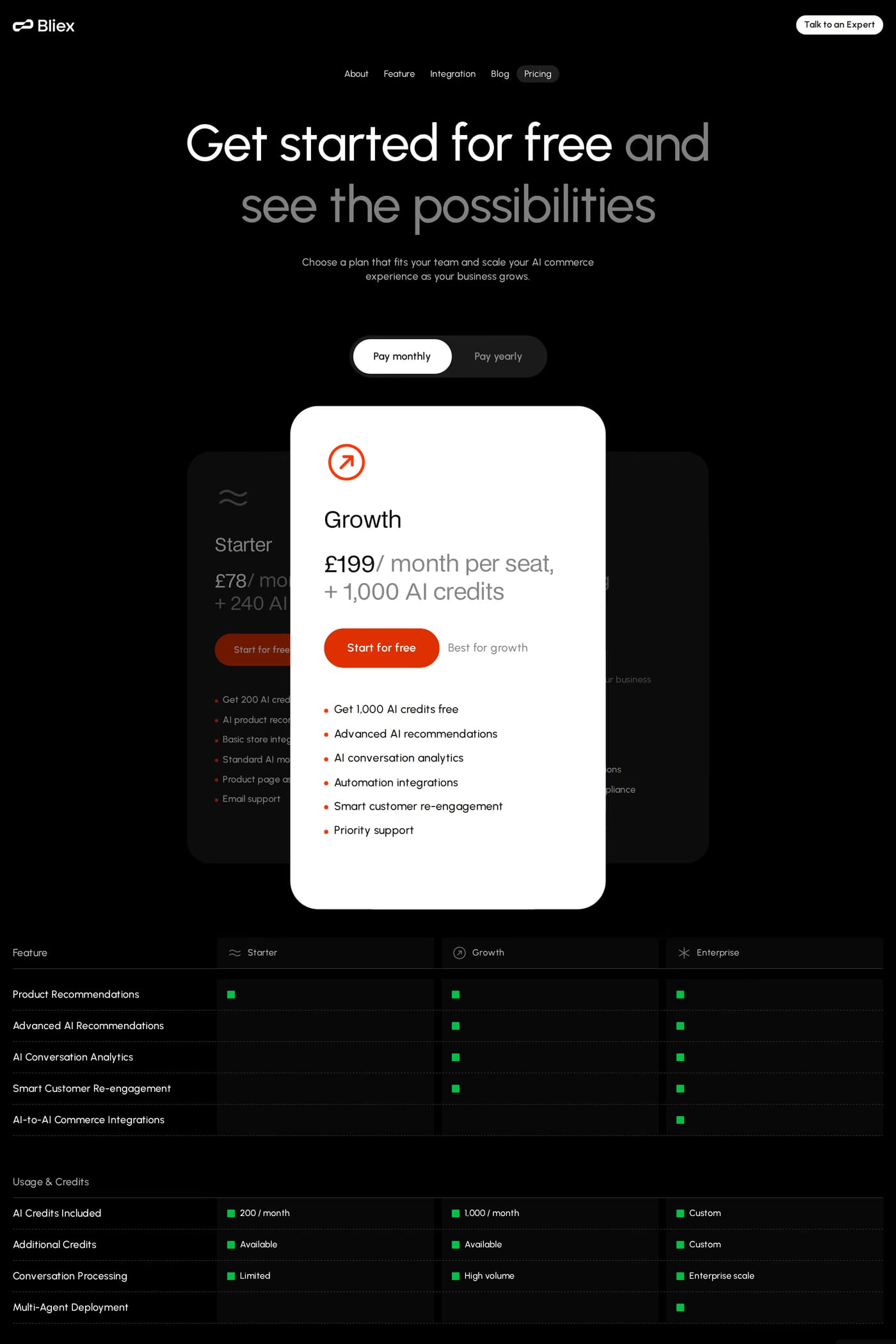 Bliex pricing page