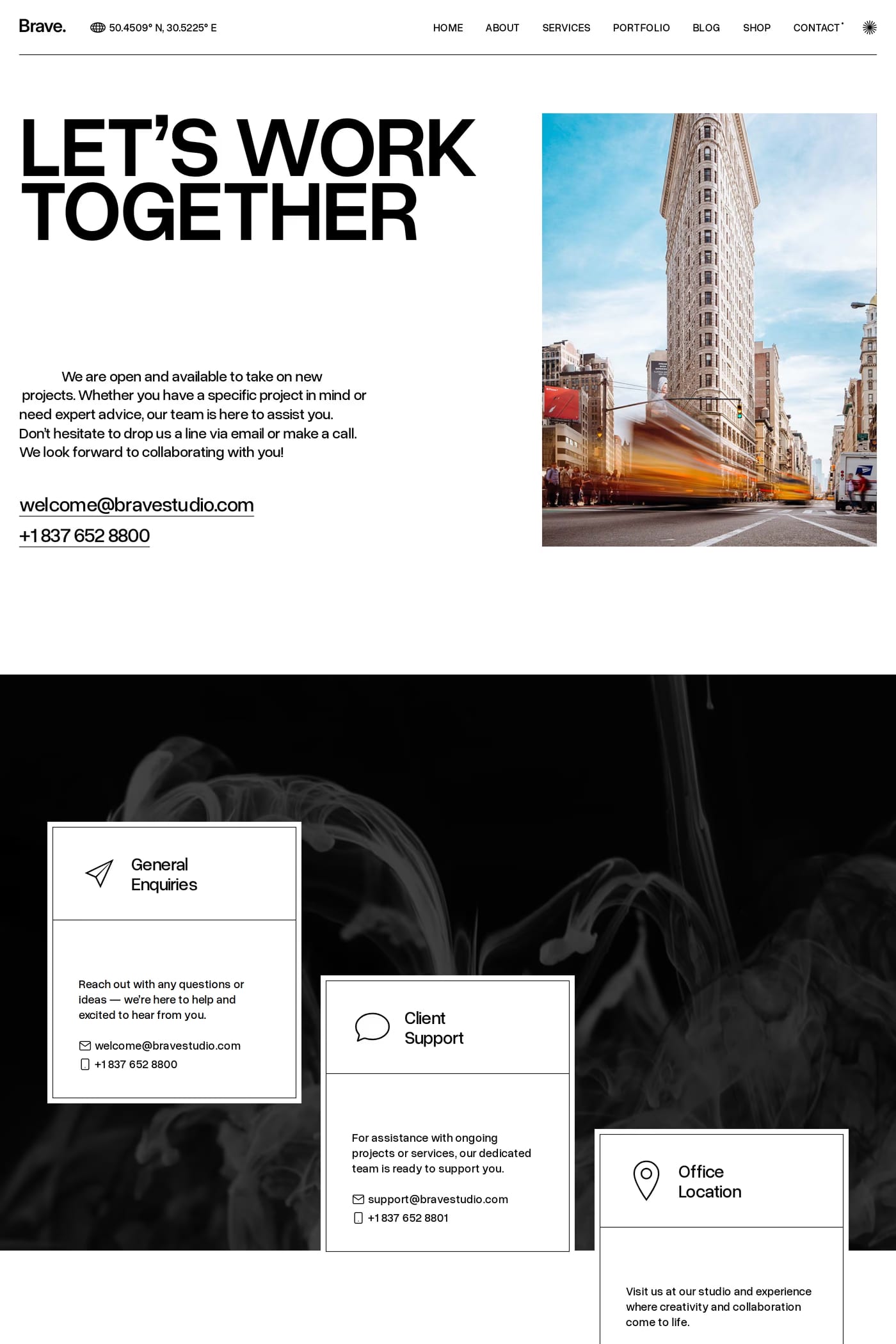 Brave Studio — screenshot of the contact page