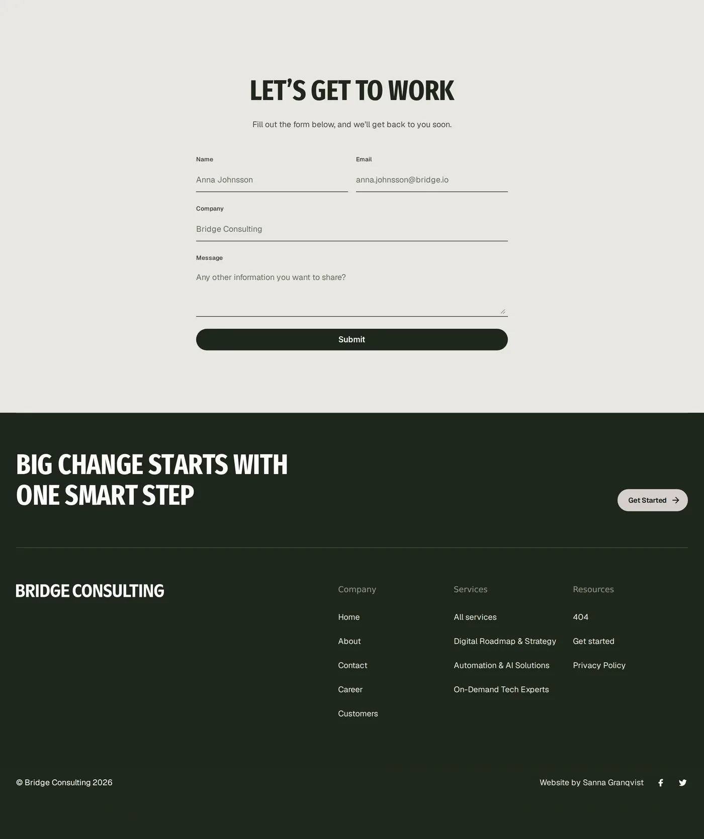 Bridge Consulting — screenshot of the contact page