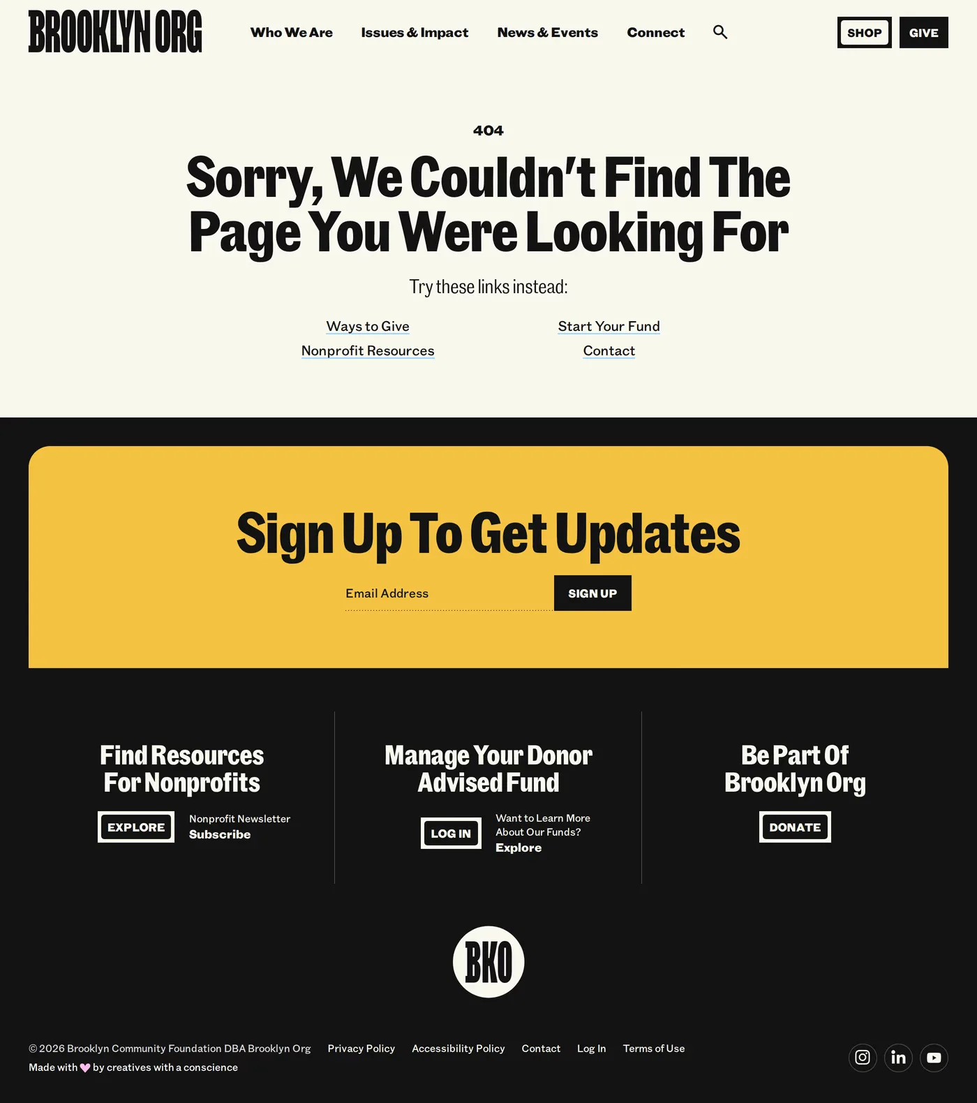 Brooklyn Org — screenshot of the 404 page