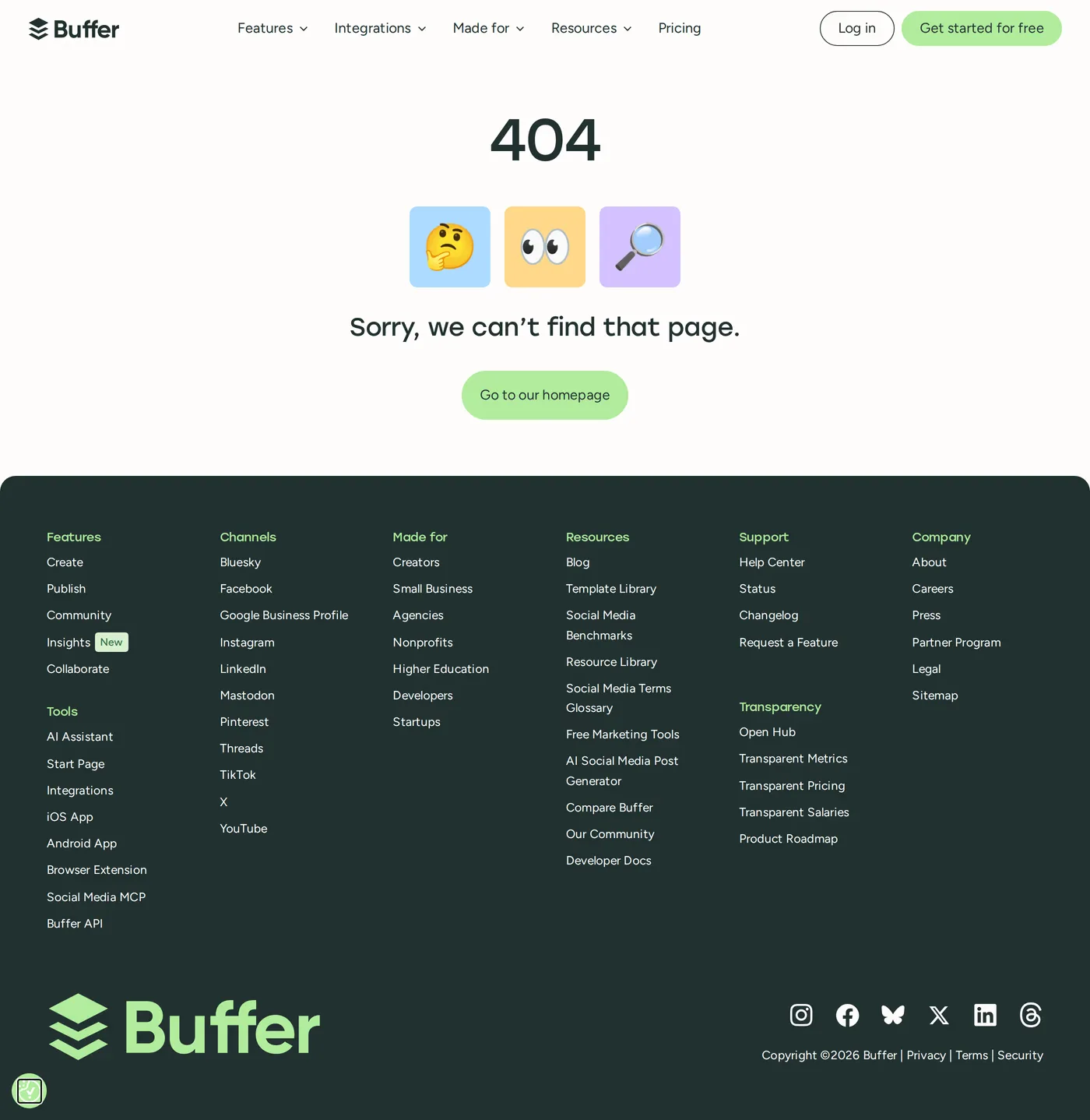 Buffer — screenshot of the 404 page