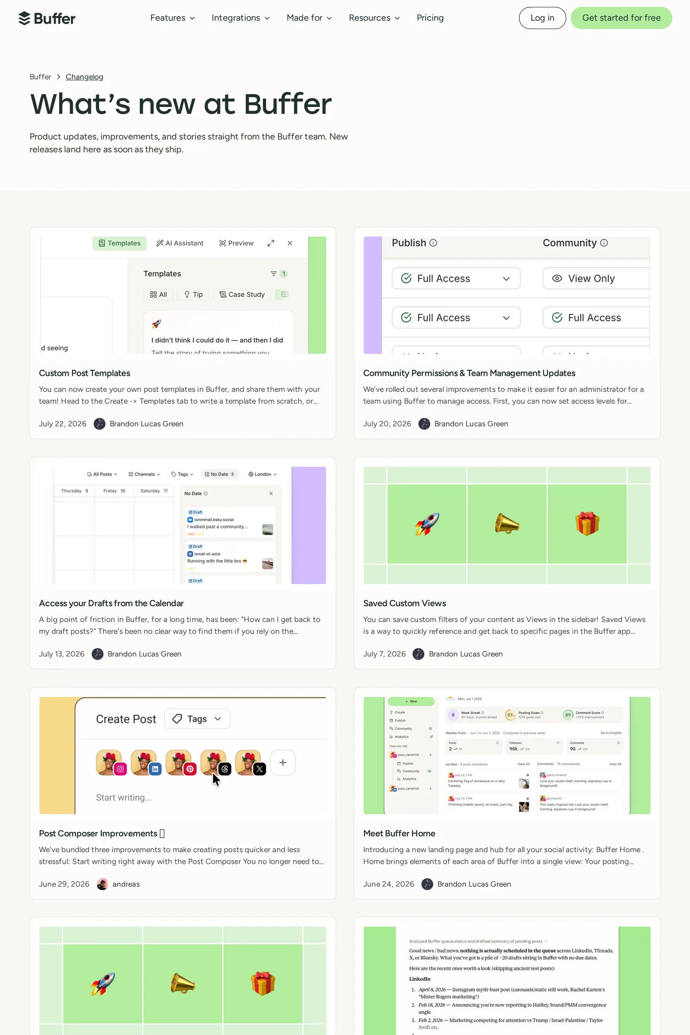 Buffer — screenshot of the changelog page