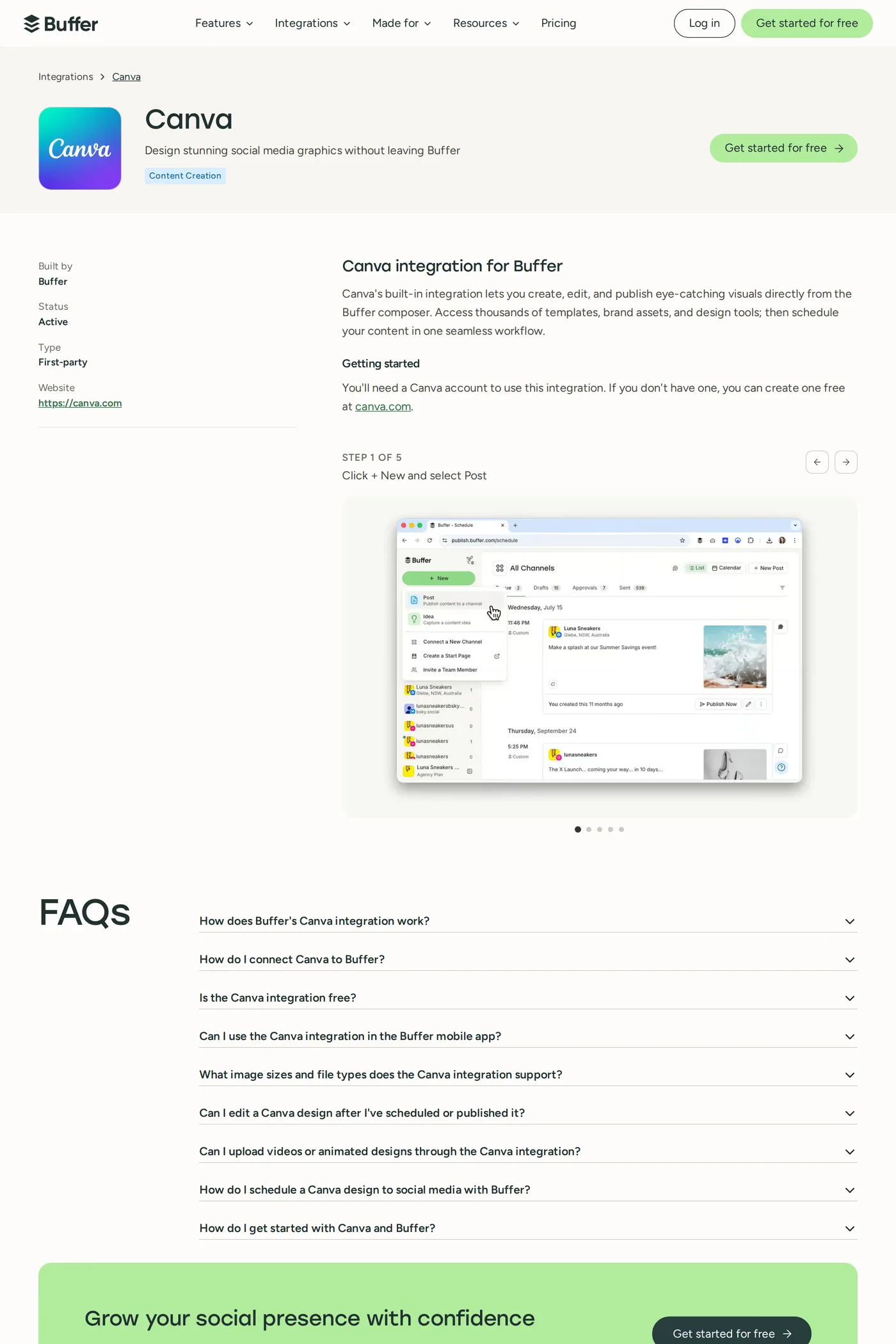 Buffer — screenshot of the integrations page
