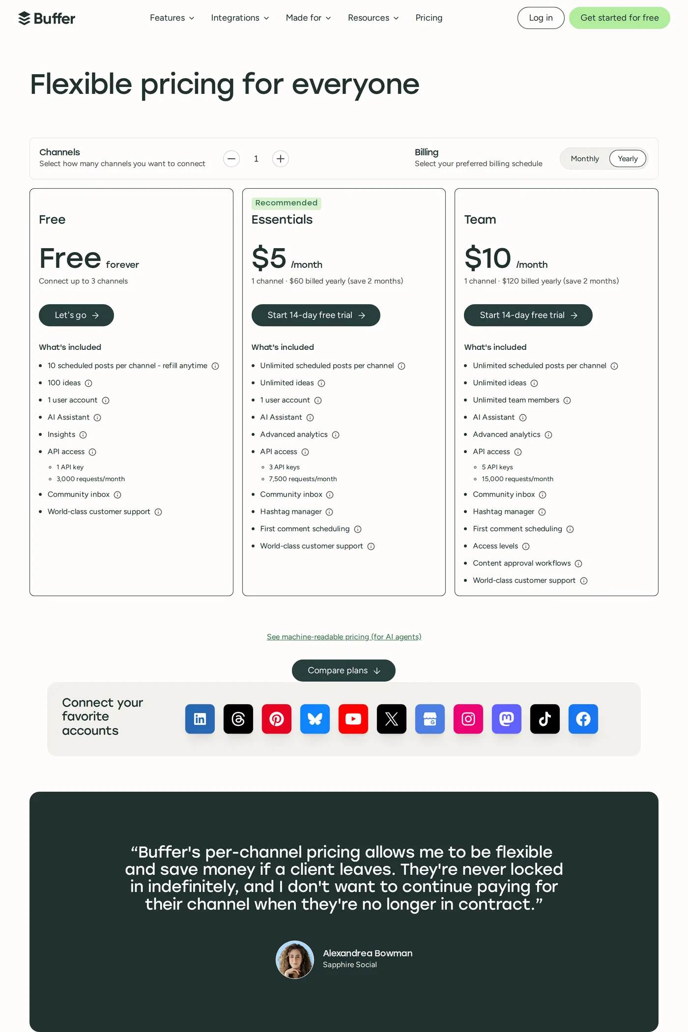 Buffer — screenshot of the pricing page
