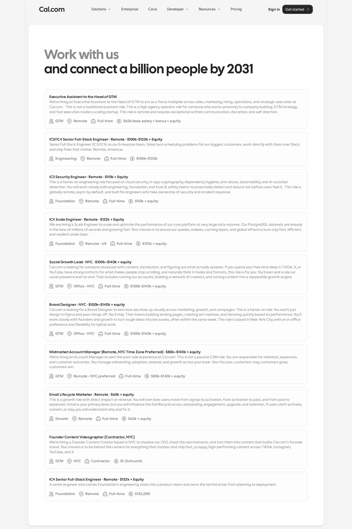 Cal.com — screenshot of the careers page
