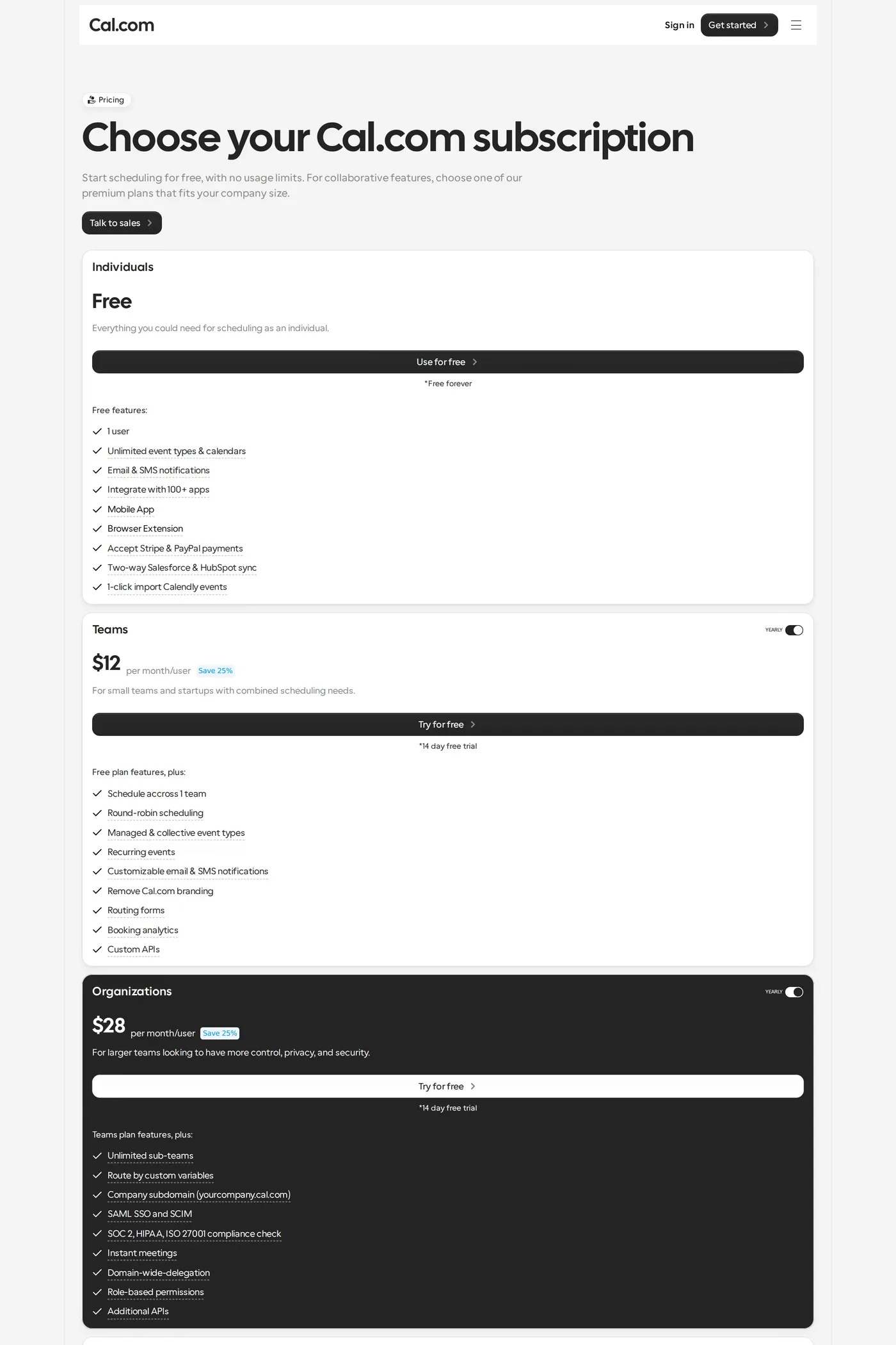 Cal.com — screenshot of the pricing page