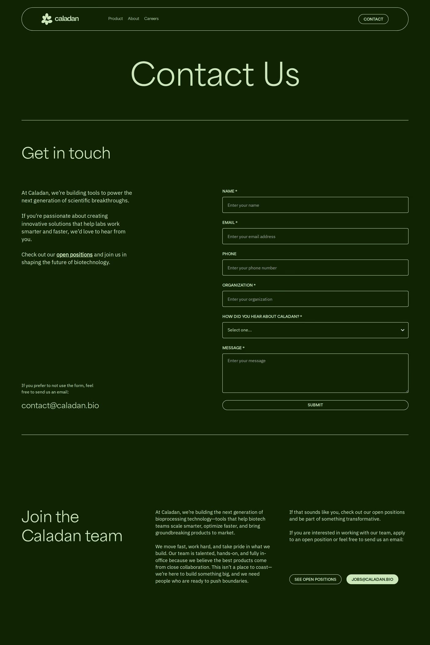 Caladan — screenshot of the contact page