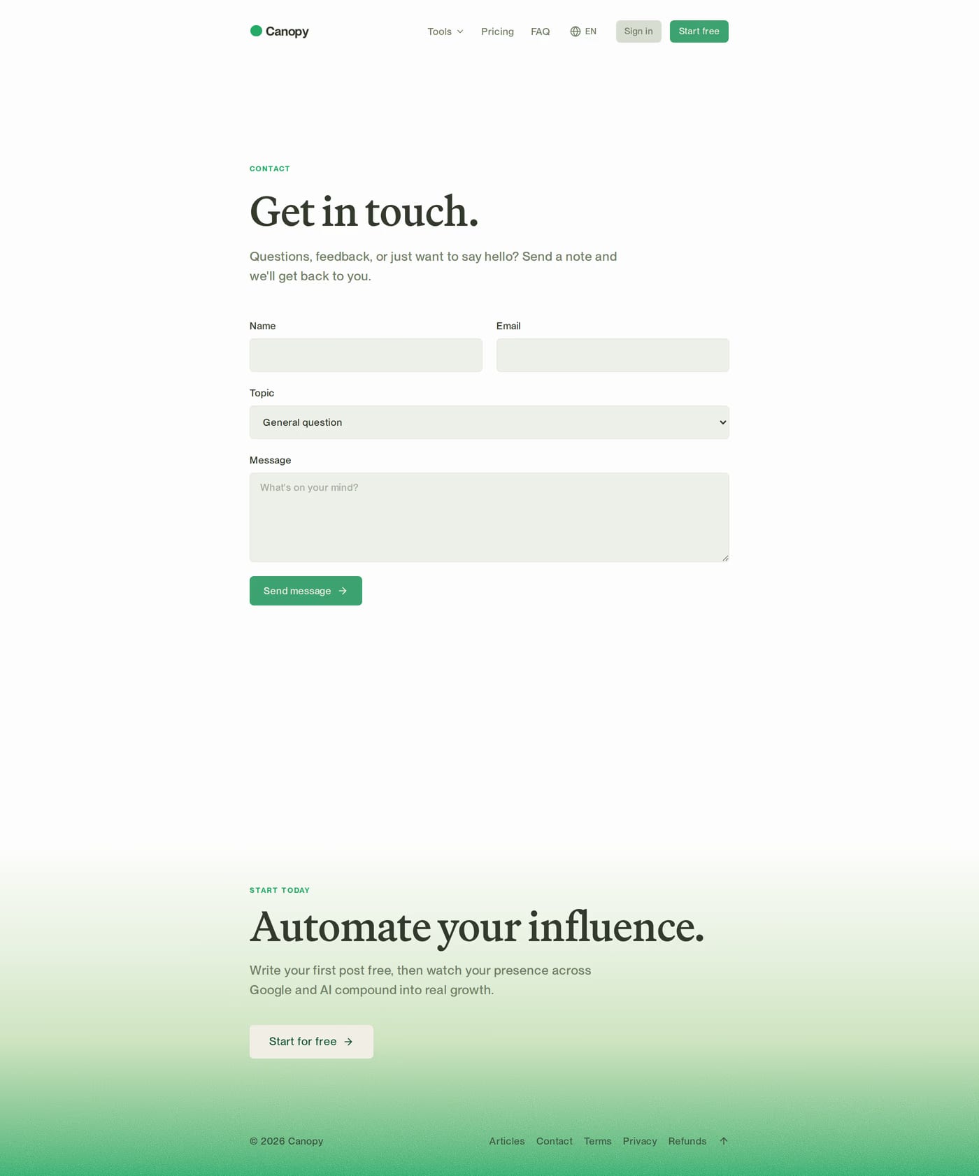 Canopy contact page