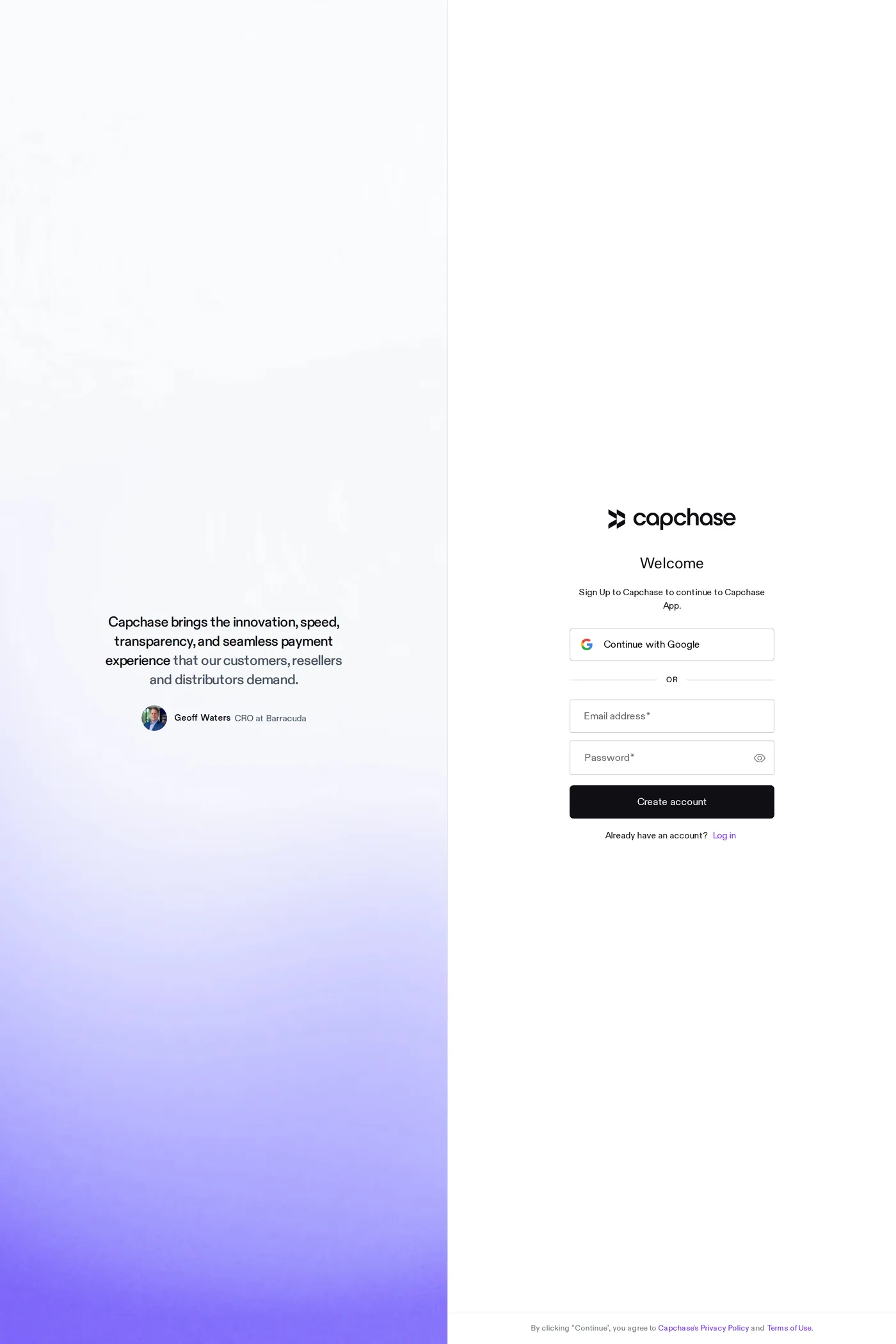 Capchase — screenshot of the sign up page