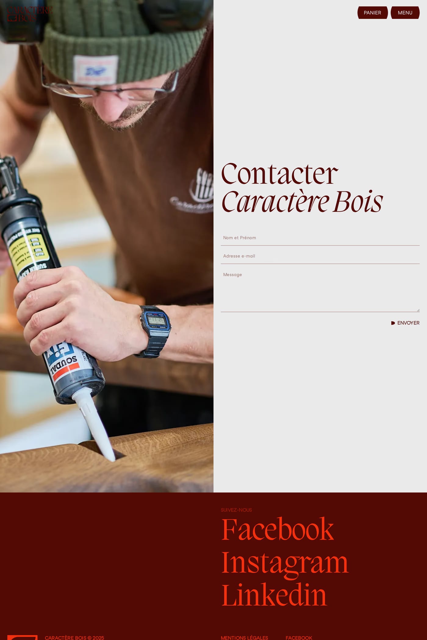 Caractère Bois — screenshot of the contact page