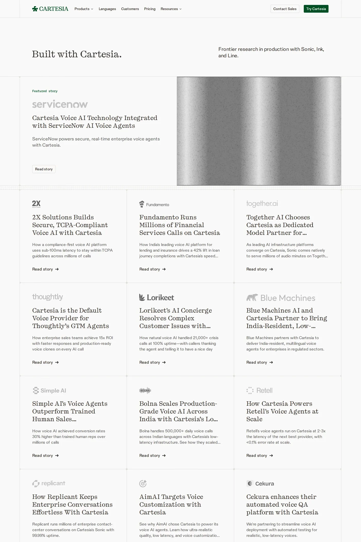 Cartesia Sonic-3 — screenshot of the case studies page