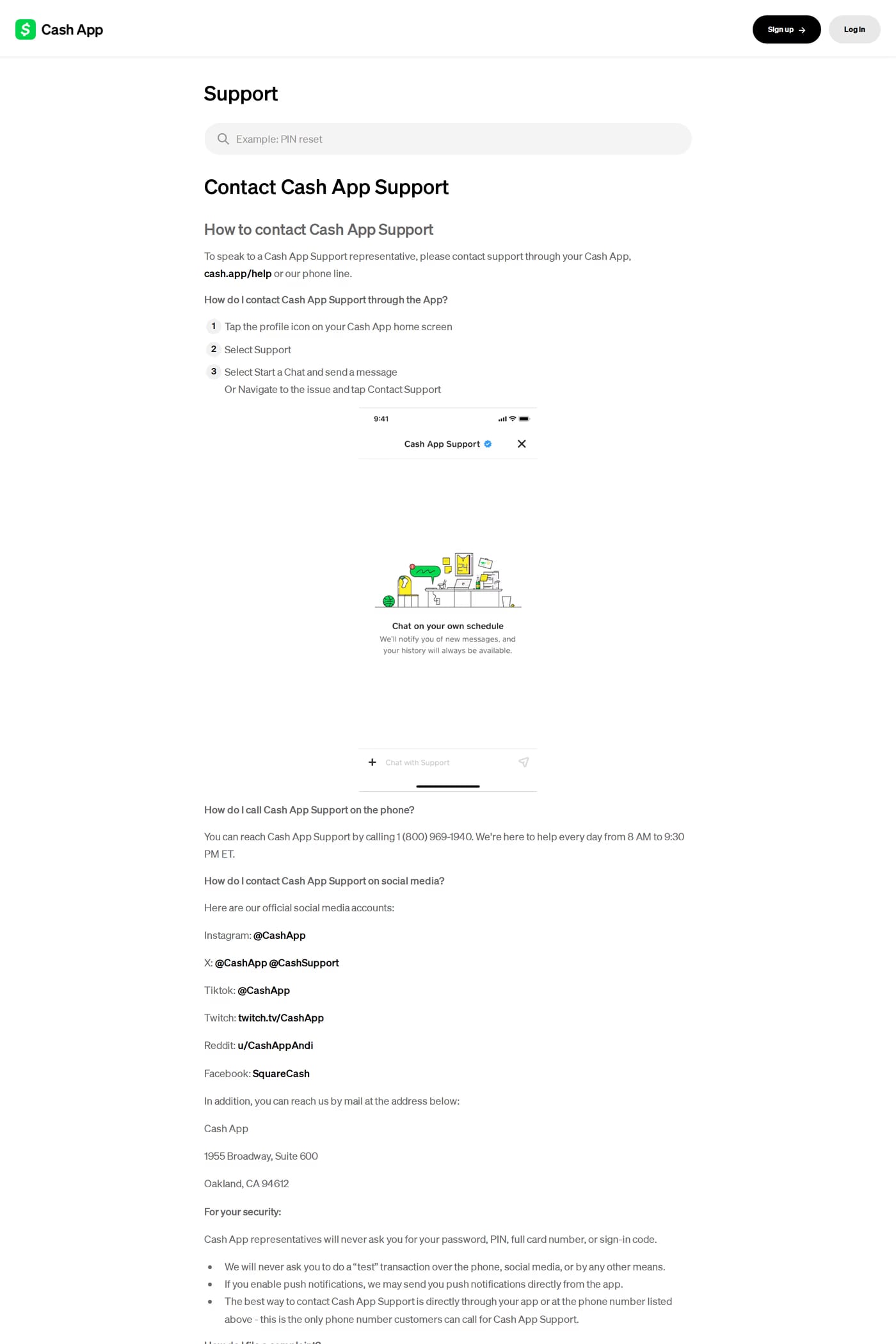 Cash App contact page