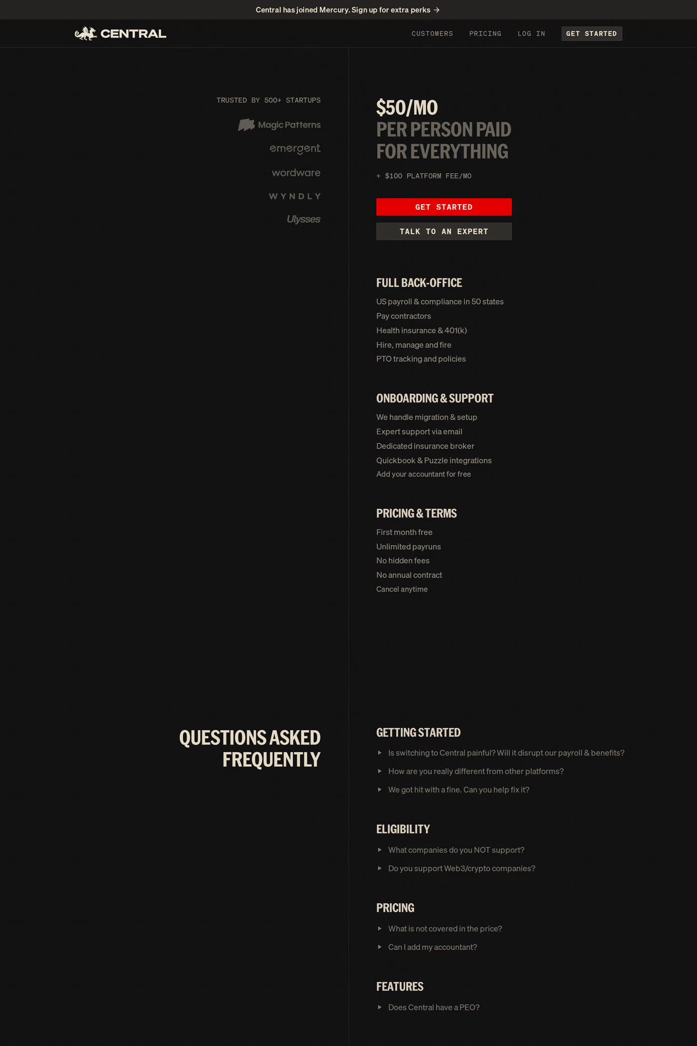 Central pricing page
