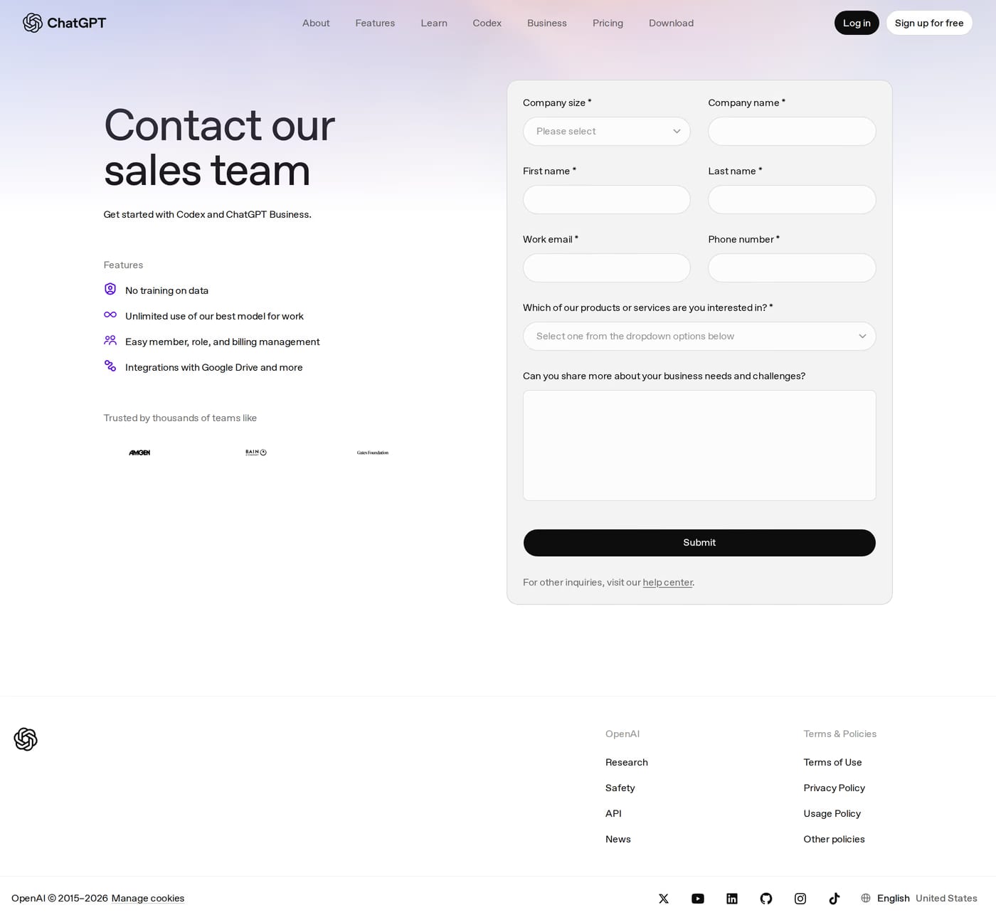 ChatGPT Atlas contact page
