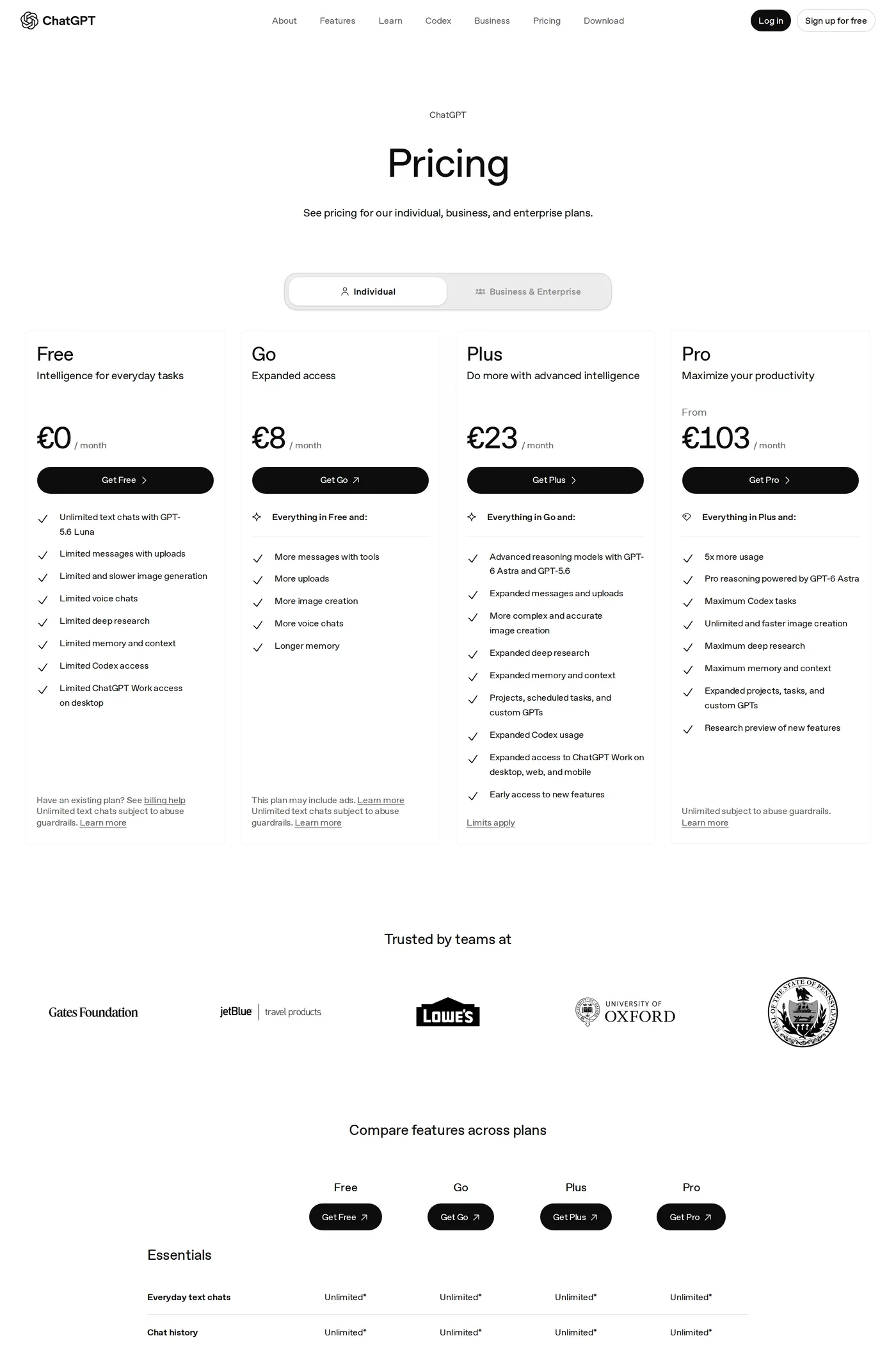 ChatGPT Atlas — screenshot of the pricing page