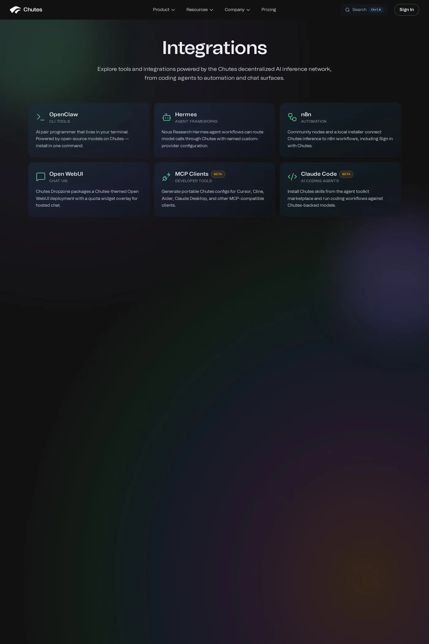 Chutes — screenshot of the features page