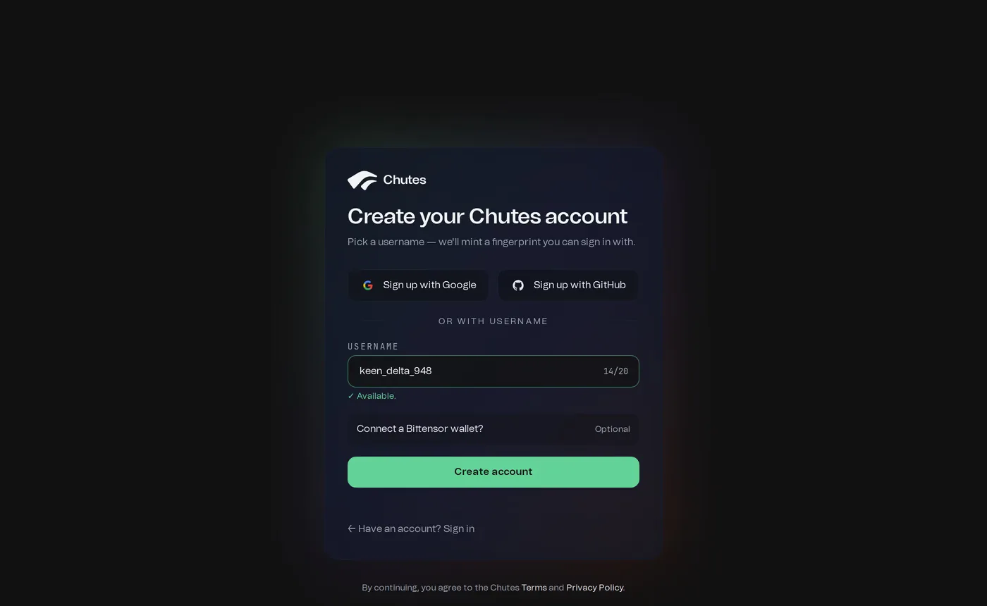 Chutes — screenshot of the sign up page