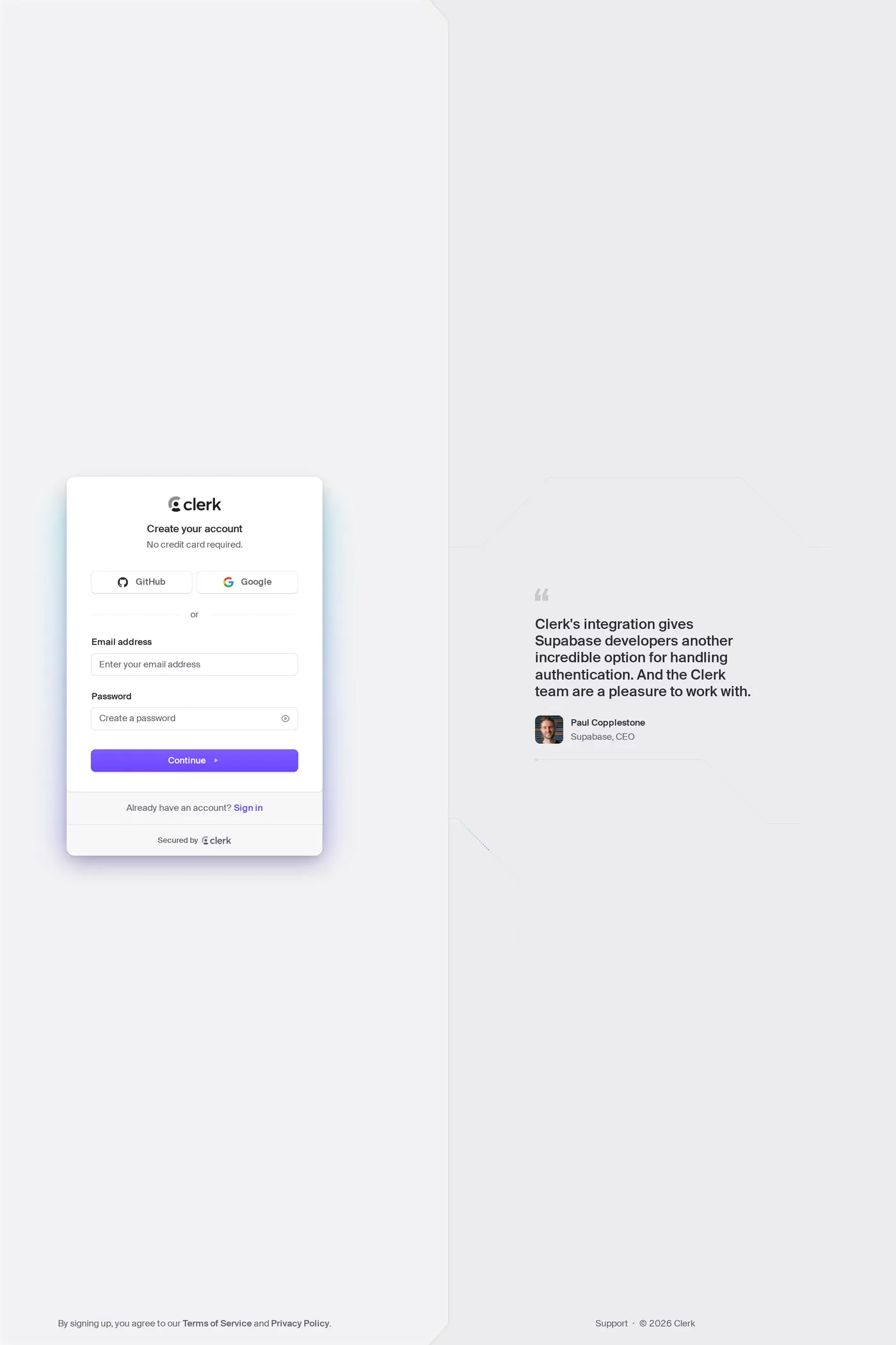Clerk — screenshot of the sign up page