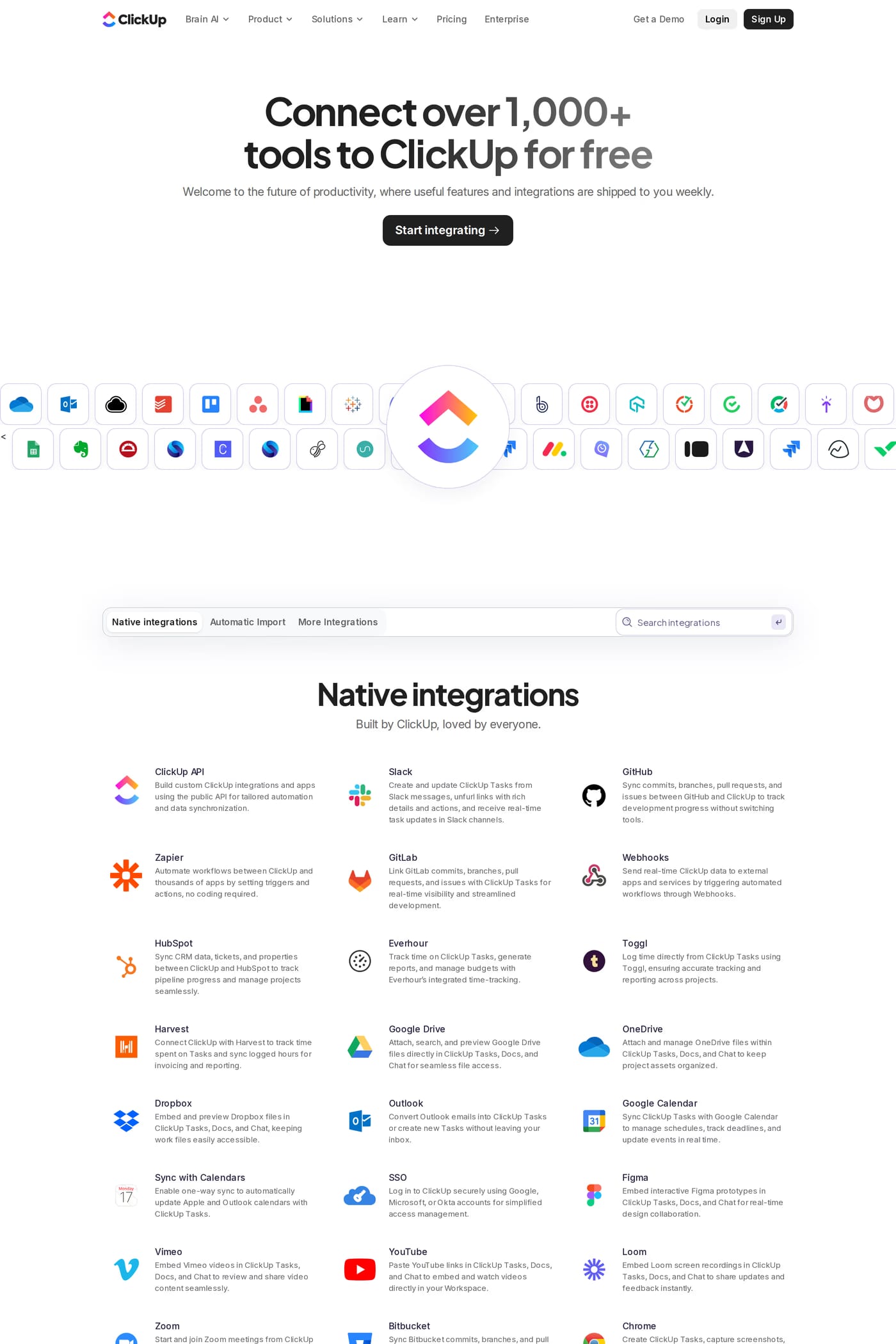 ClickUp — screenshot of the integrations page