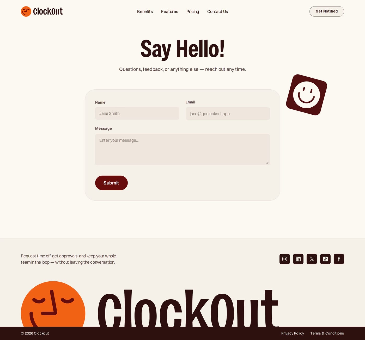 Clockout contact page