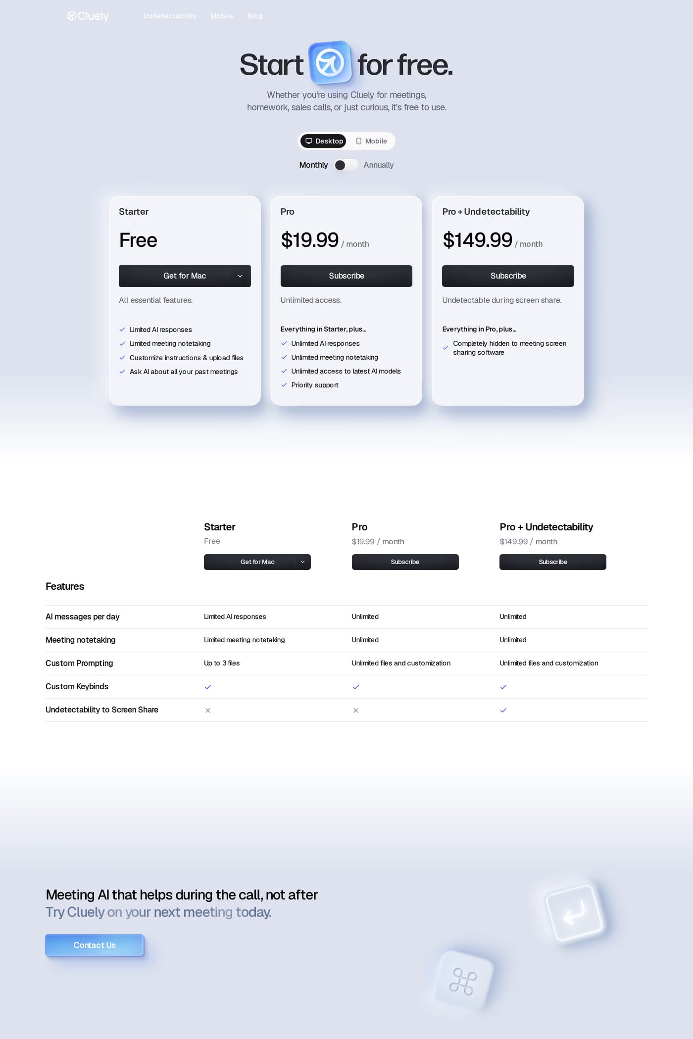 Cluely — screenshot of the pricing page