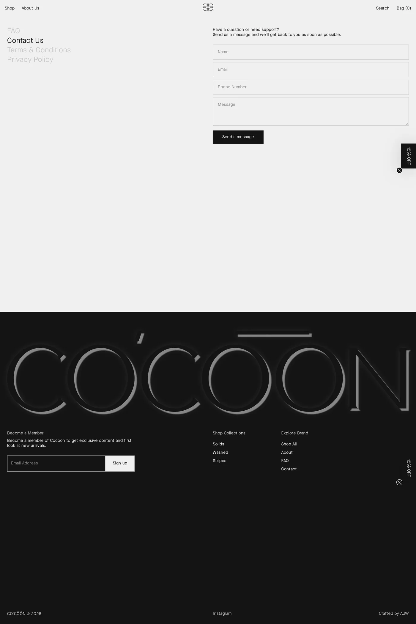 CO'CŌŌN — screenshot of the contact page