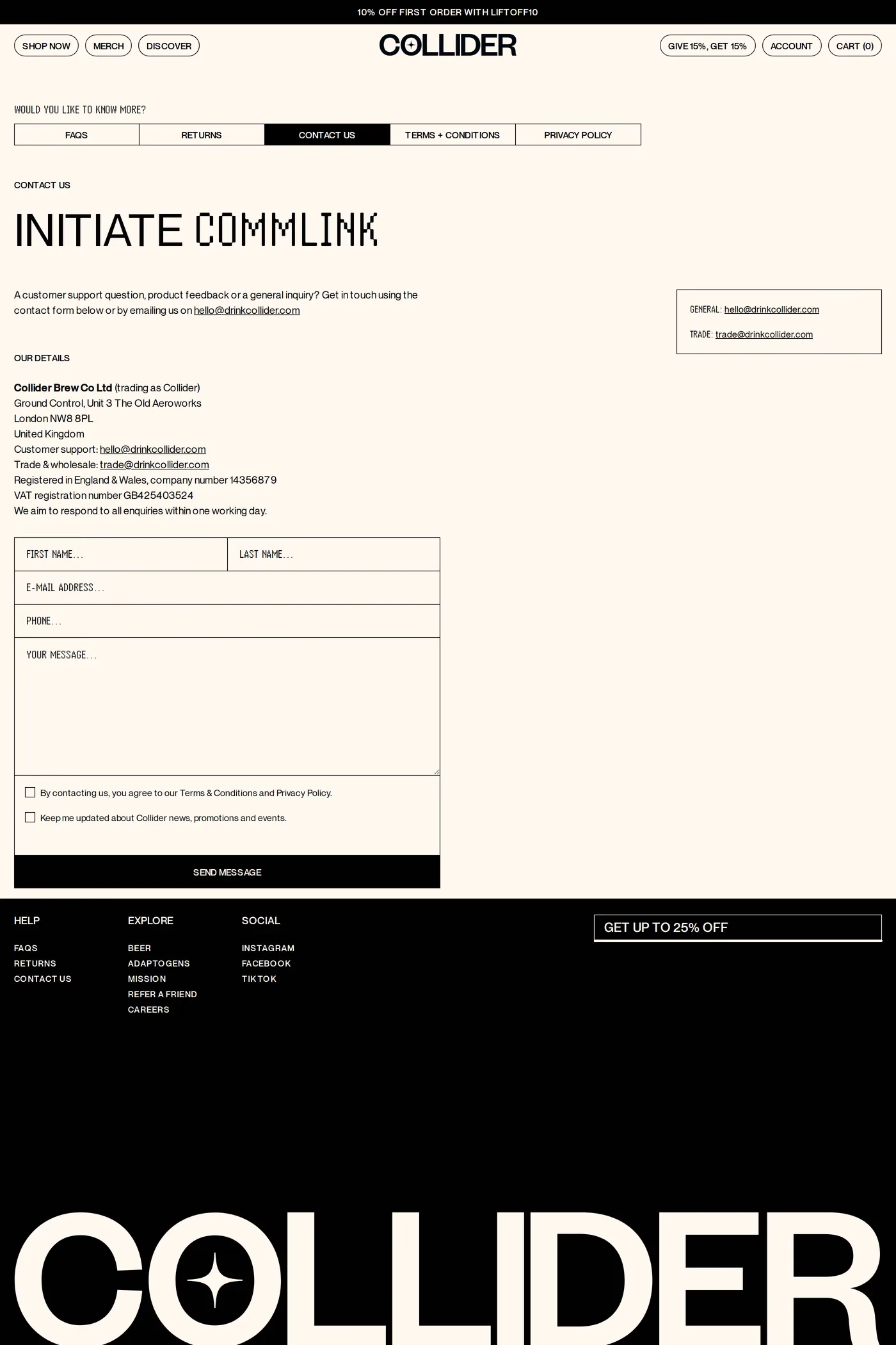 Collider — screenshot of the contact page
