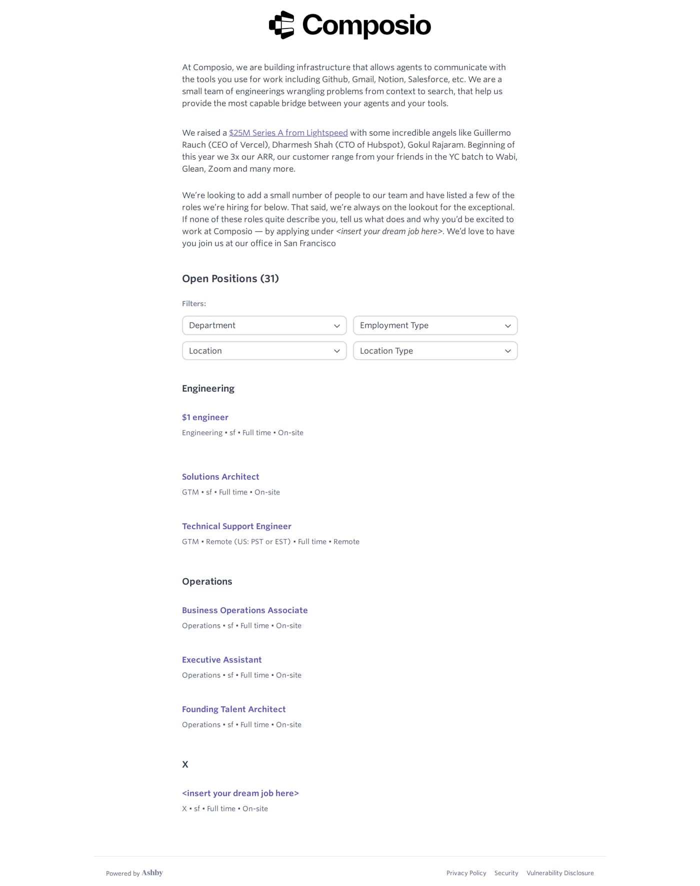 Composio — screenshot of the careers page