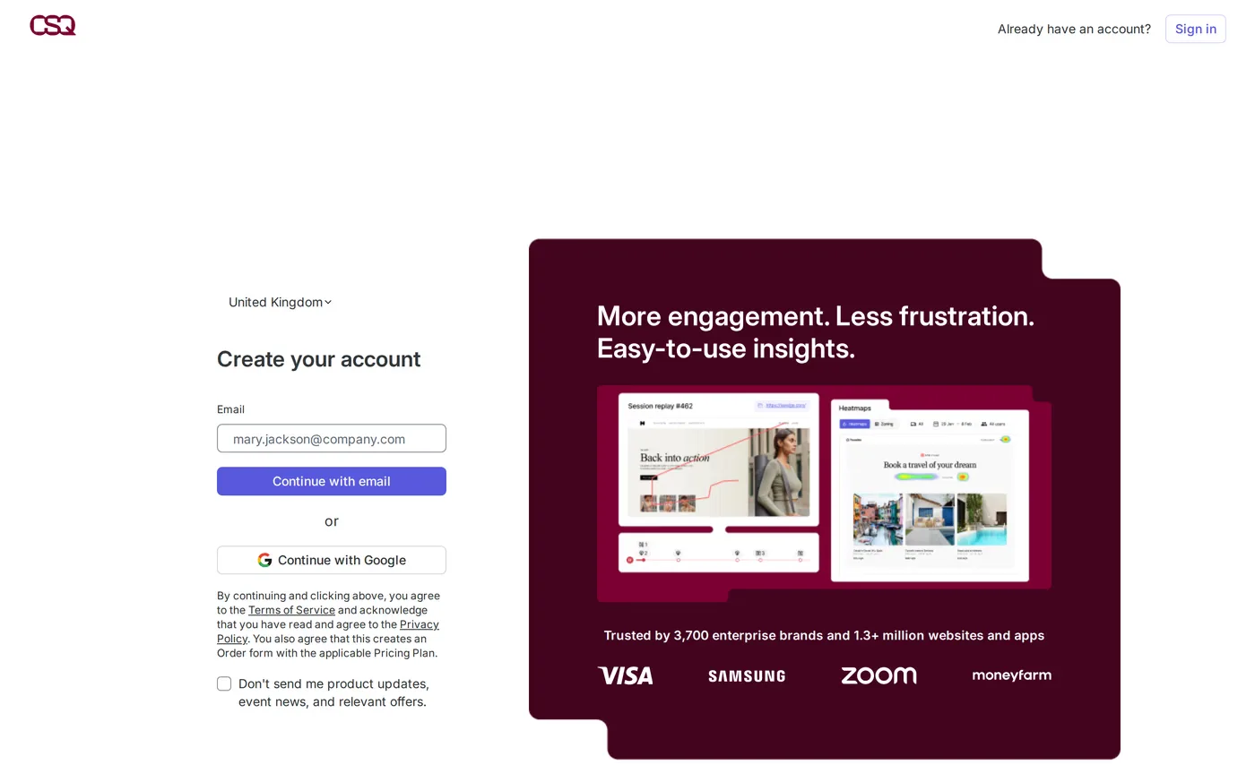 Contentsquare — screenshot of the sign up page