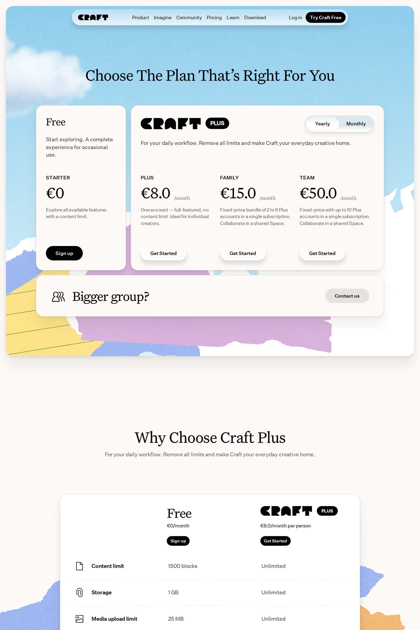 Craft — screenshot of the pricing page