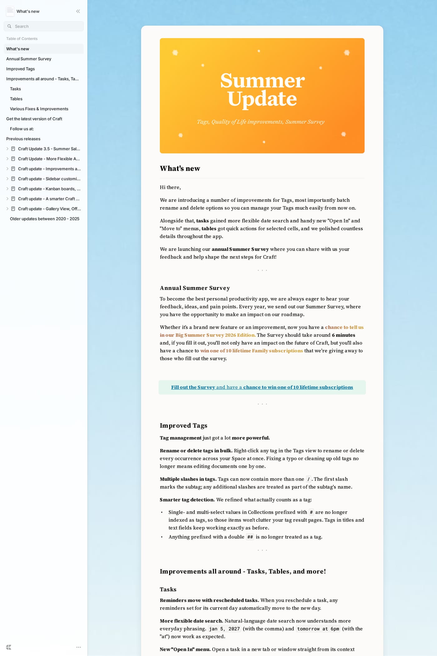 Craft changelog page