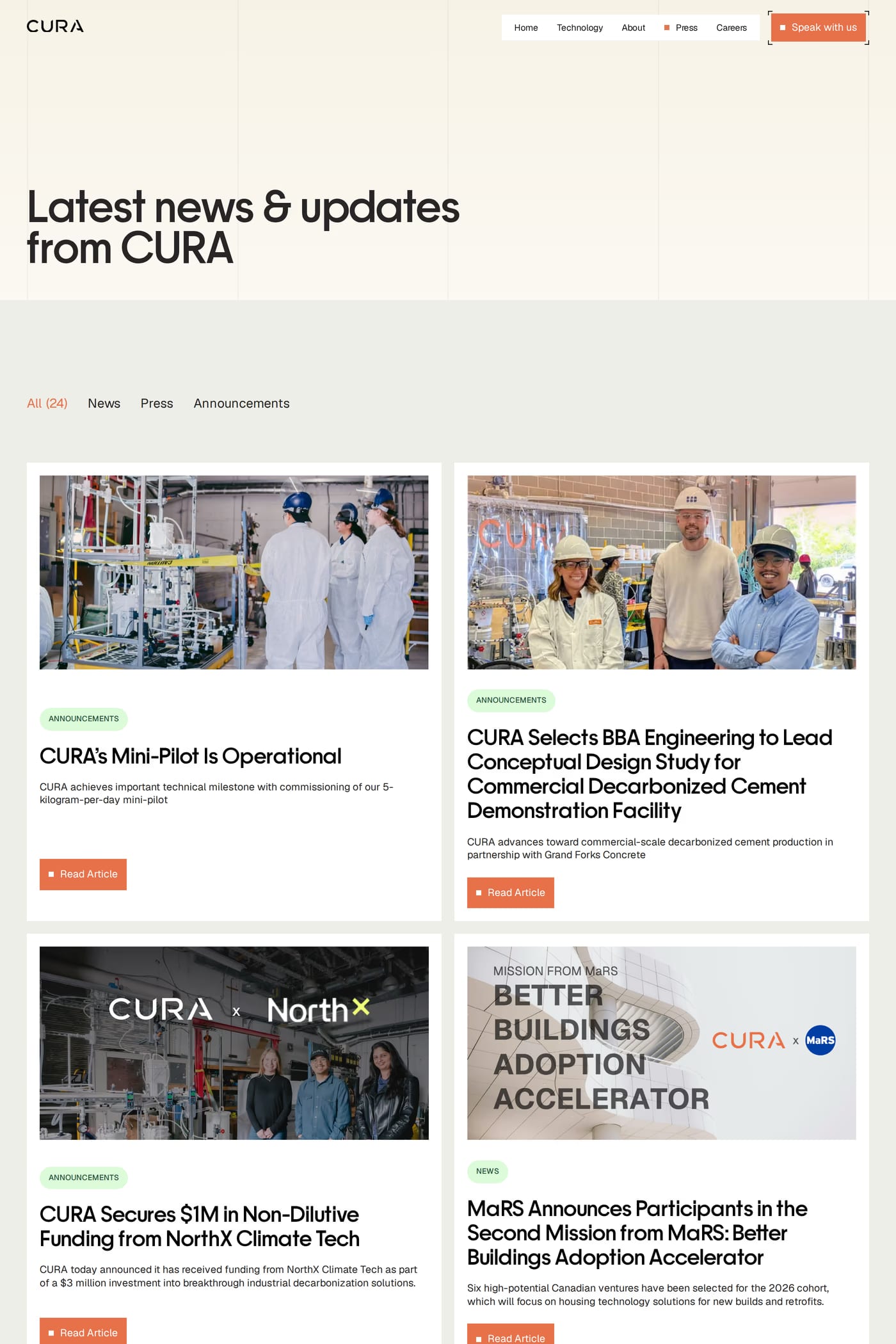 CURA Climate — screenshot of the blog page