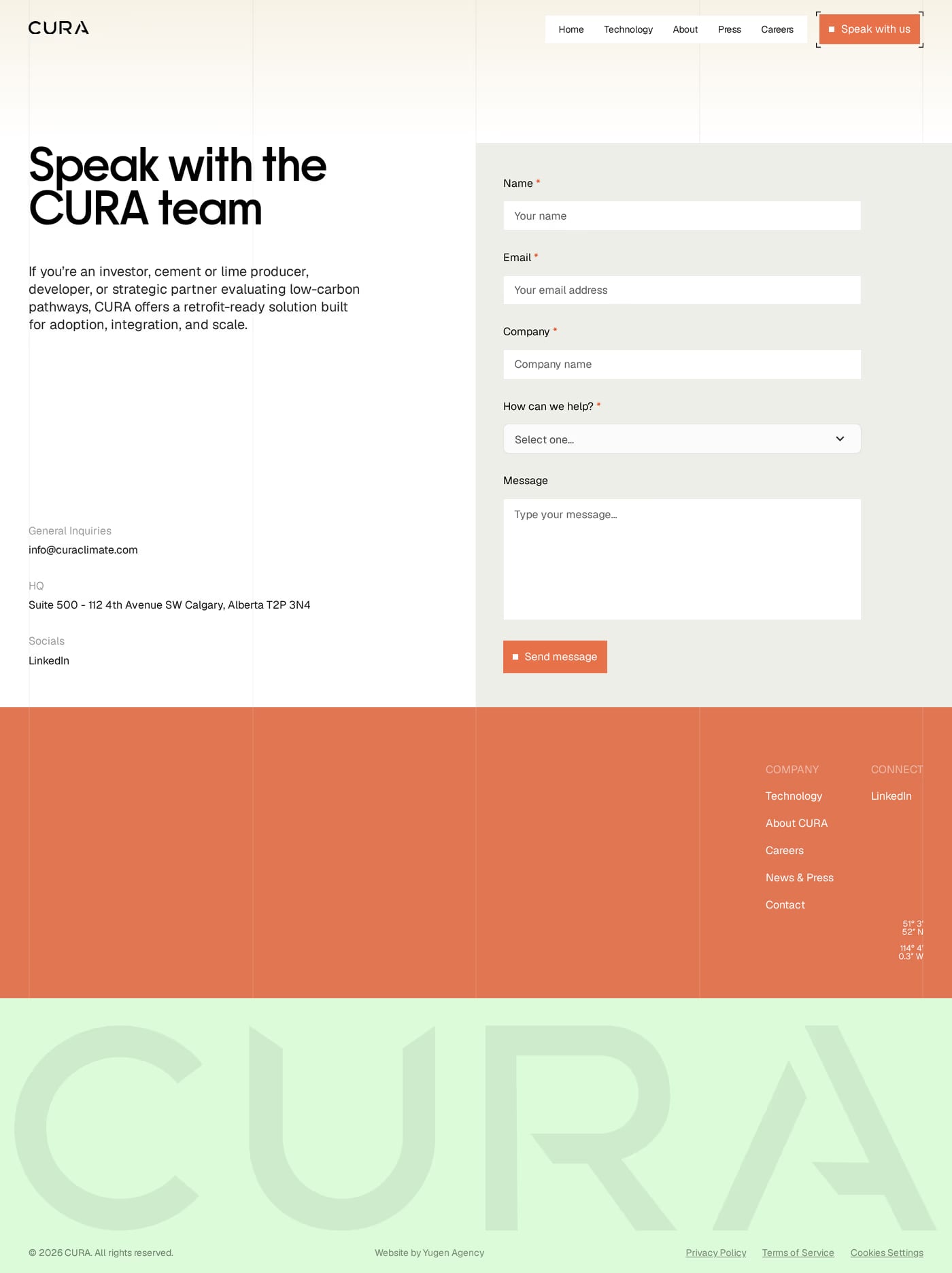 CURA Climate — screenshot of the contact page