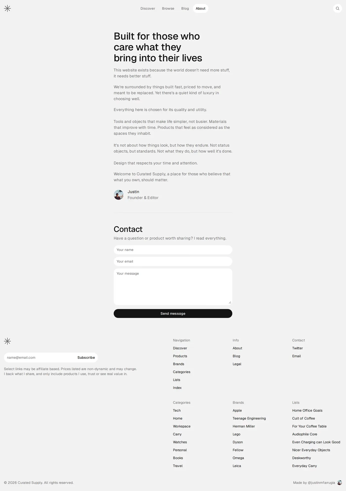 Curated Supply — screenshot of the about page