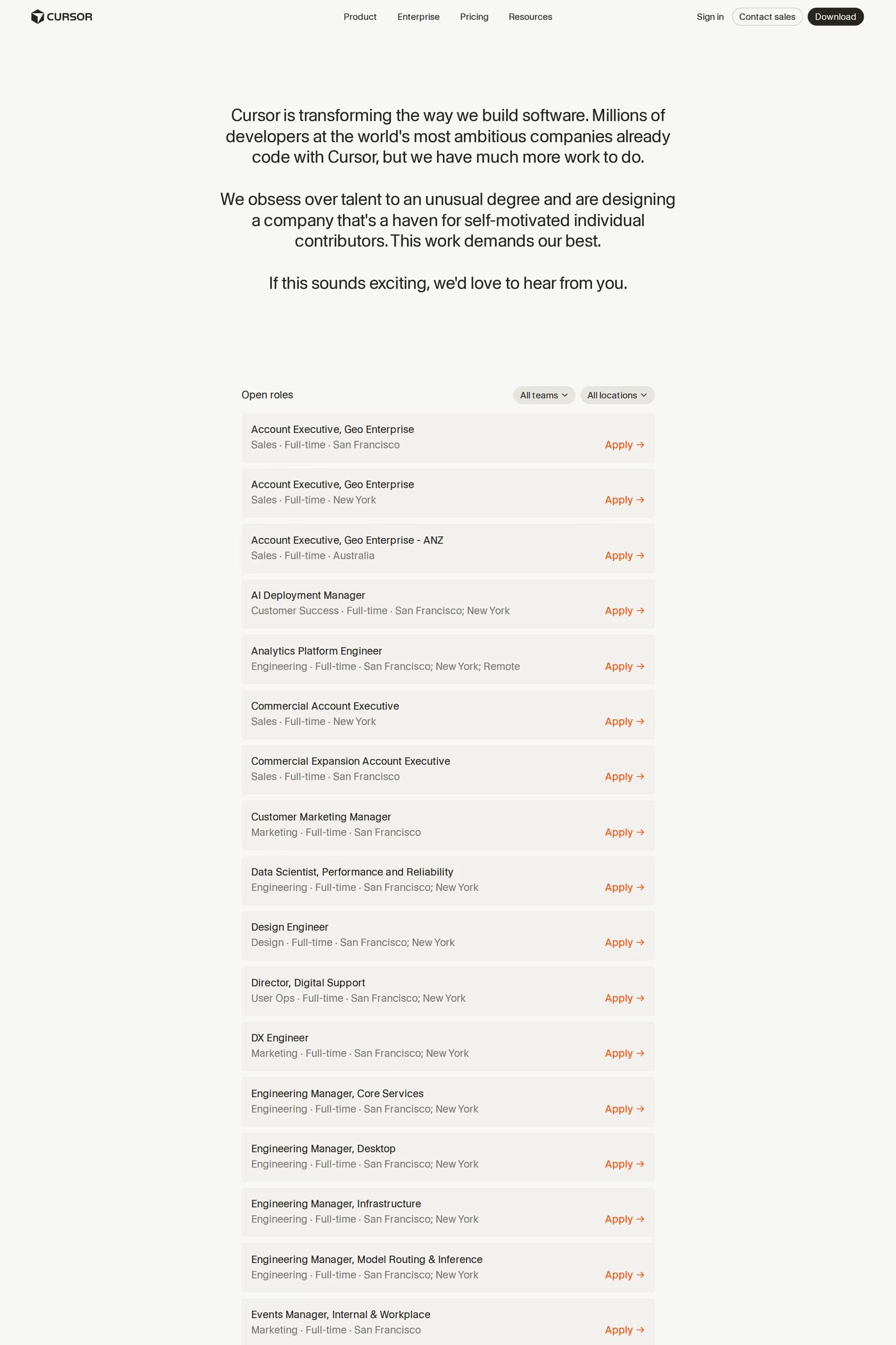 Cursor — screenshot of the careers page