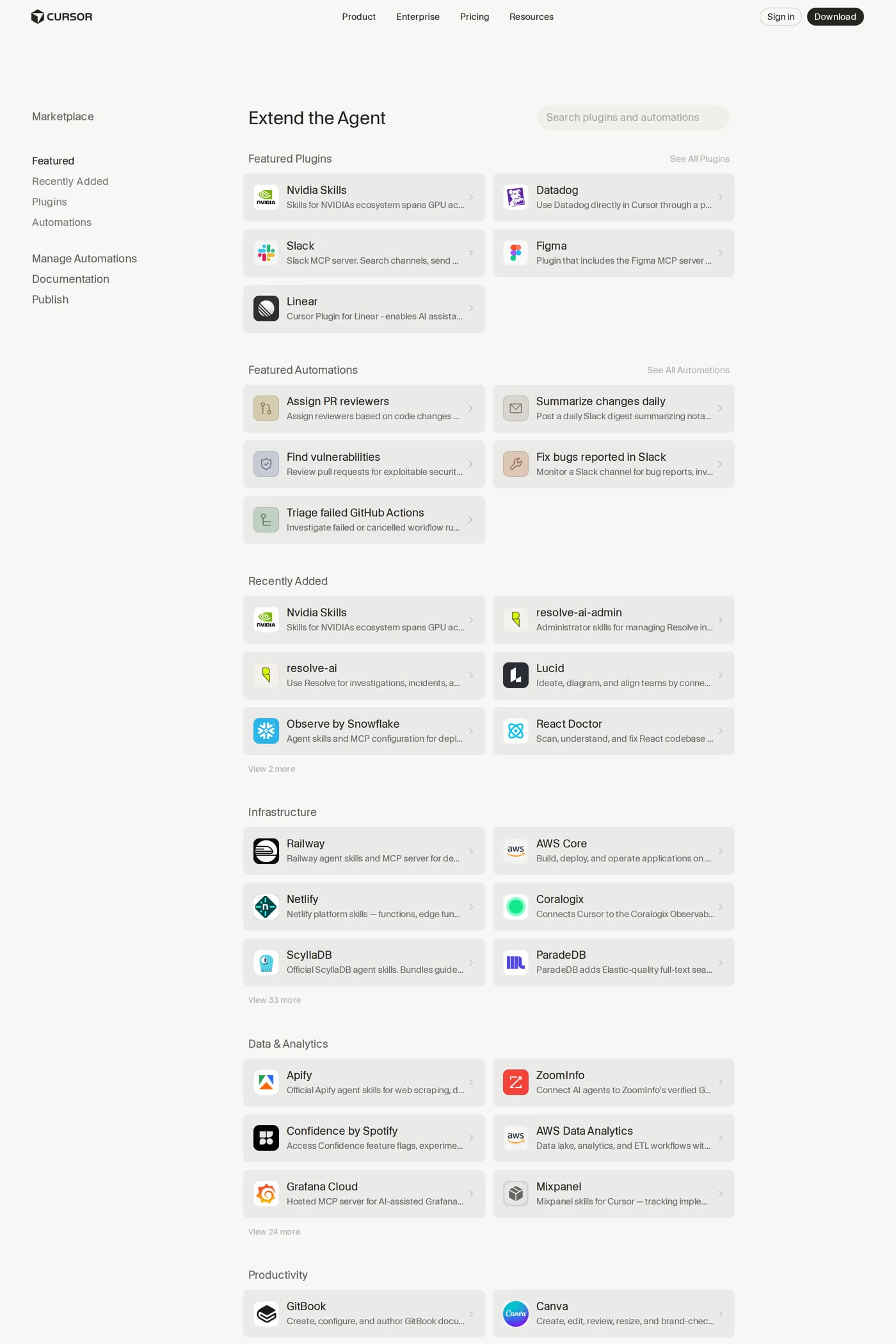 Cursor — screenshot of the integrations page
