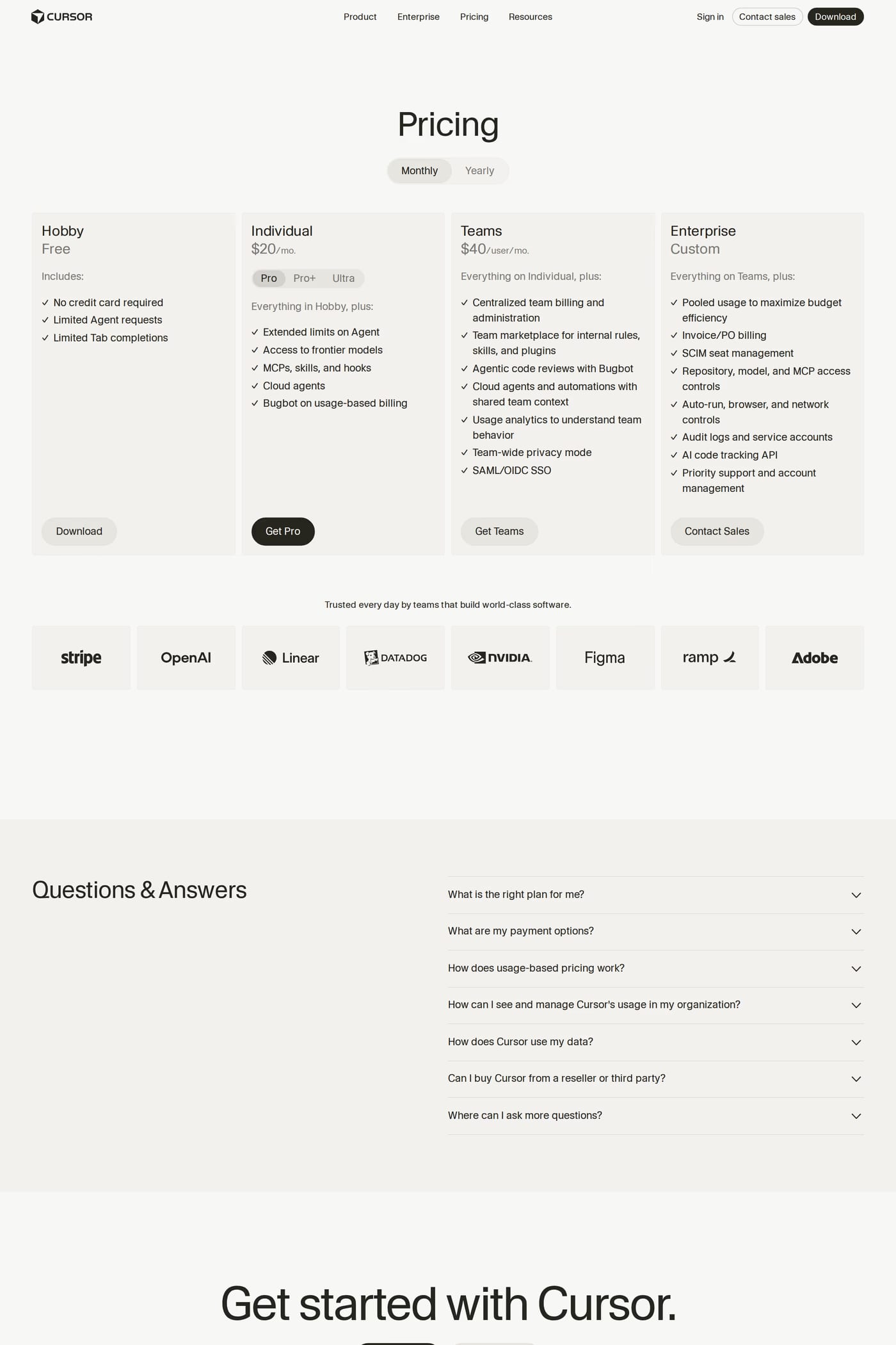 Cursor — screenshot of the pricing page
