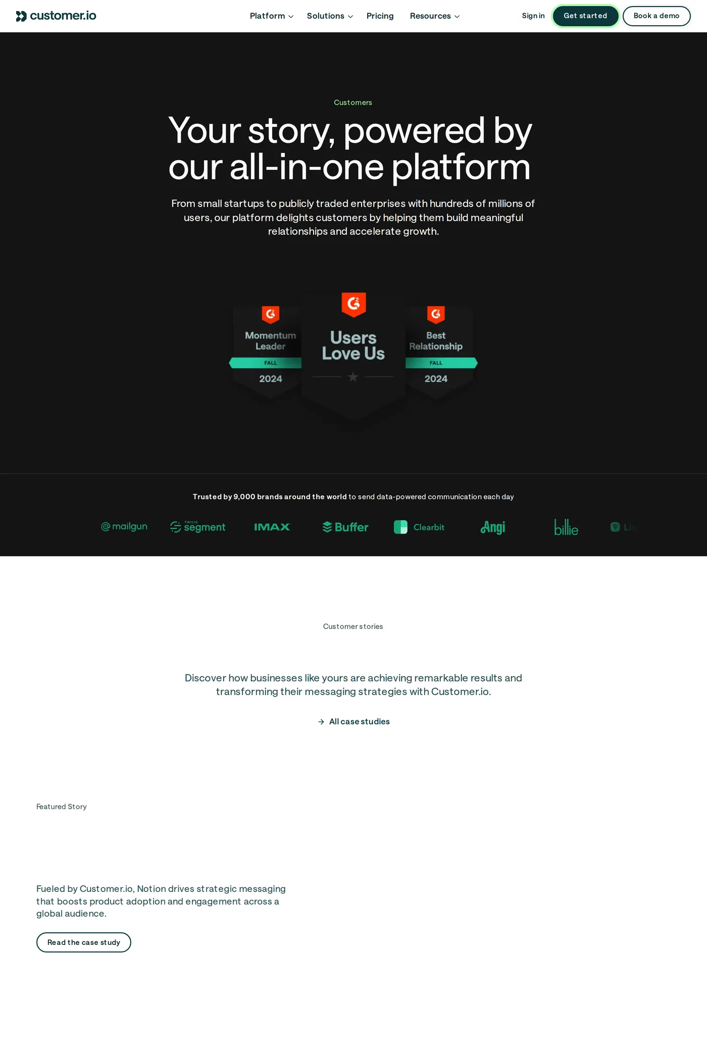 Customer.io — screenshot of the case studies page