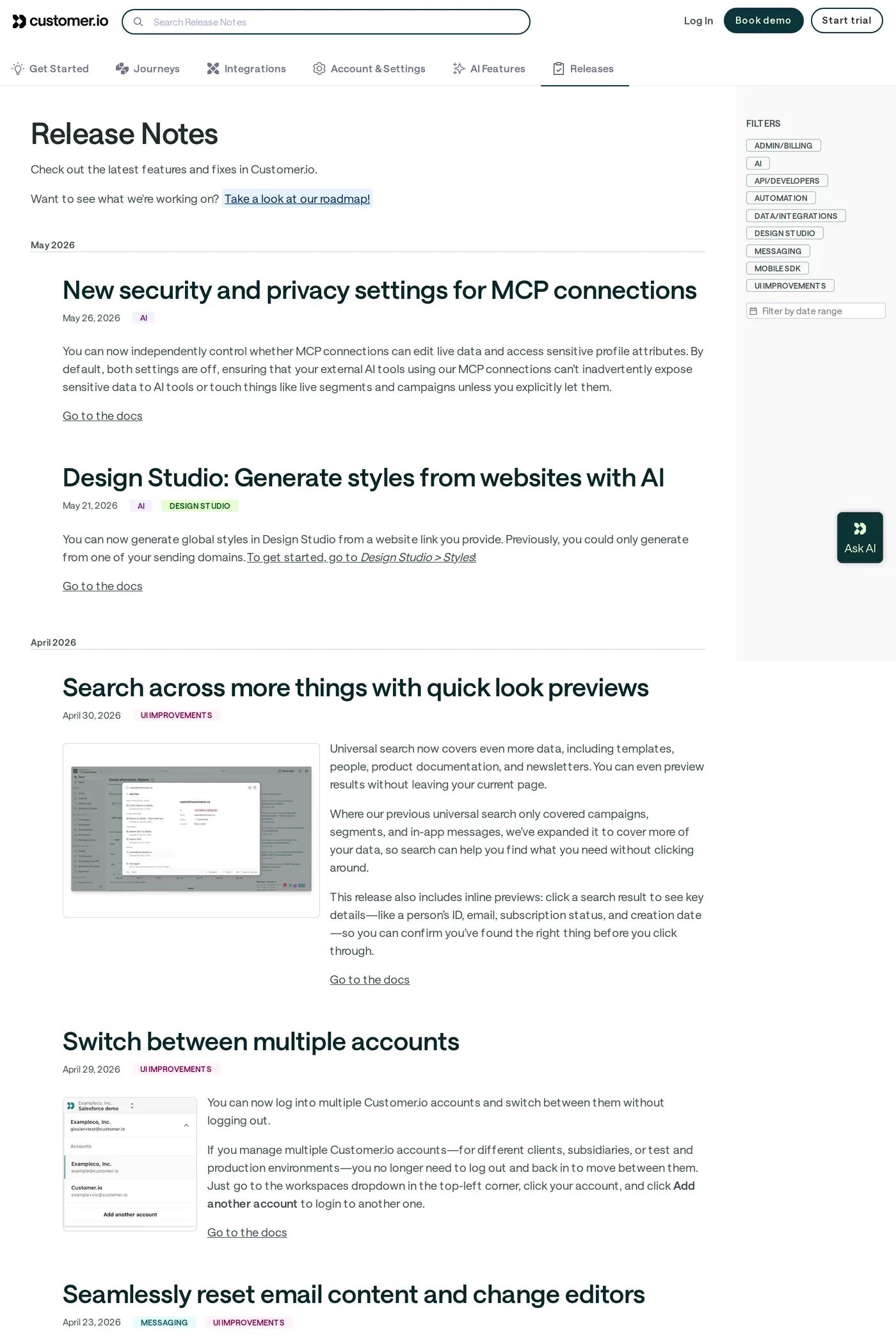 Customer.io — screenshot of the changelog page