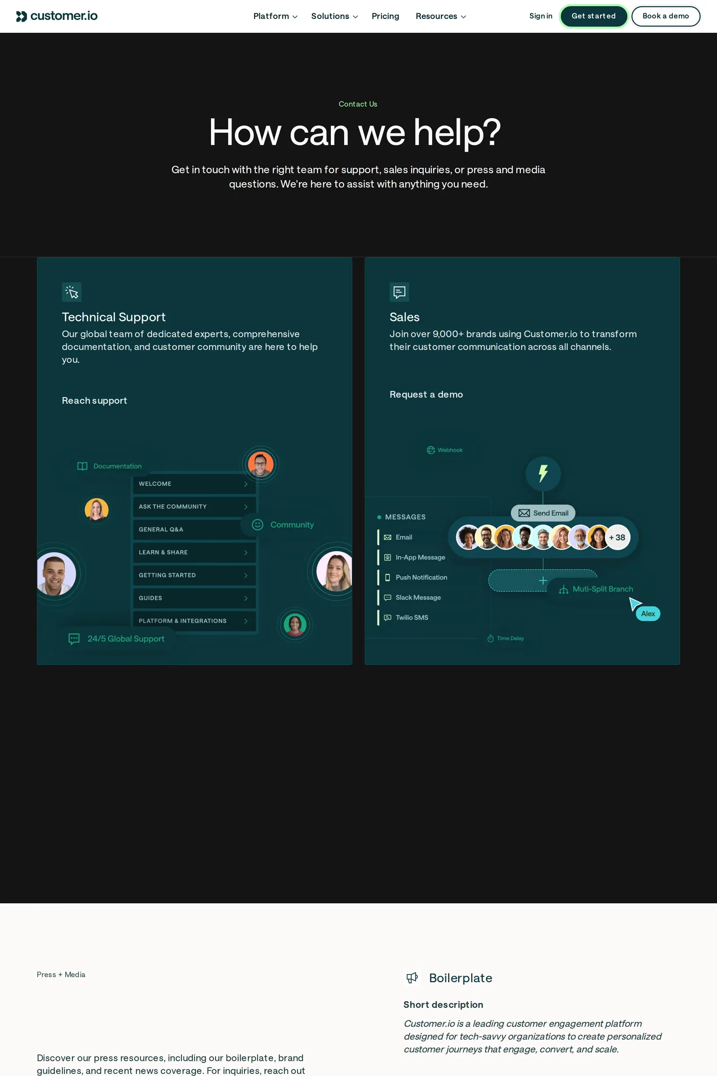 Customer.io — screenshot of the contact page