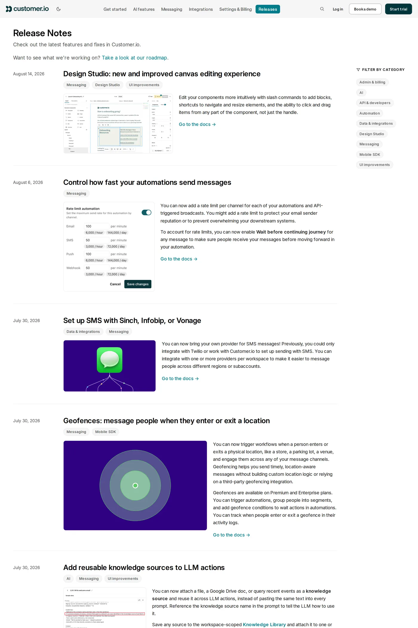 Customer.io — screenshot of the changelog page