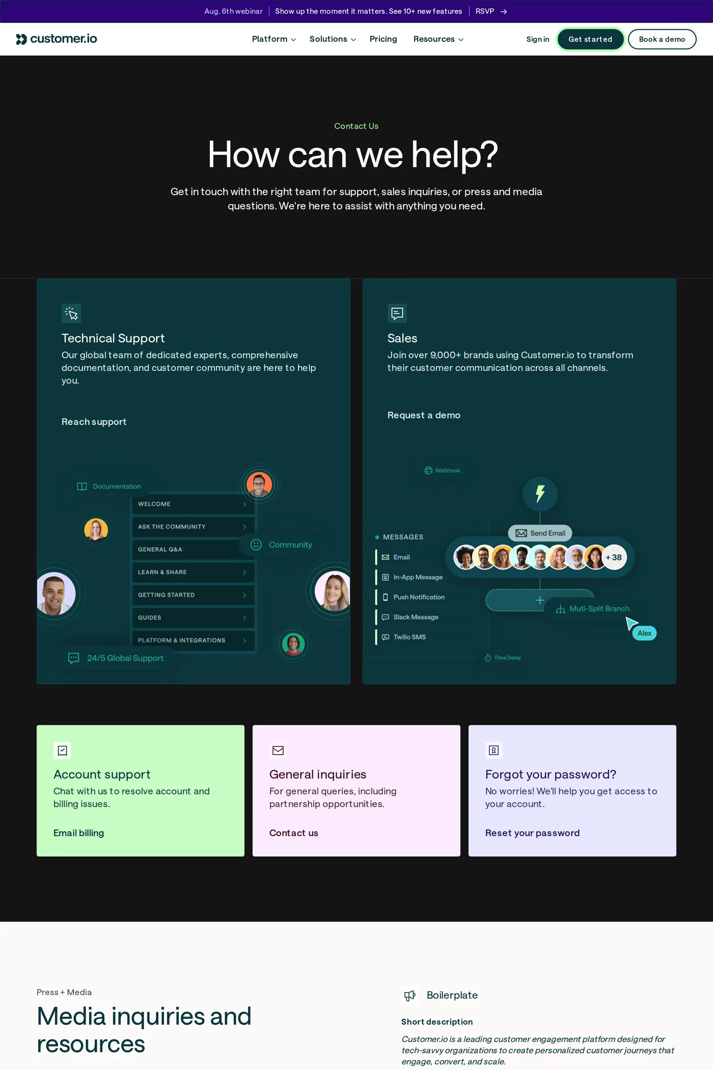 Customer.io — screenshot of the contact page