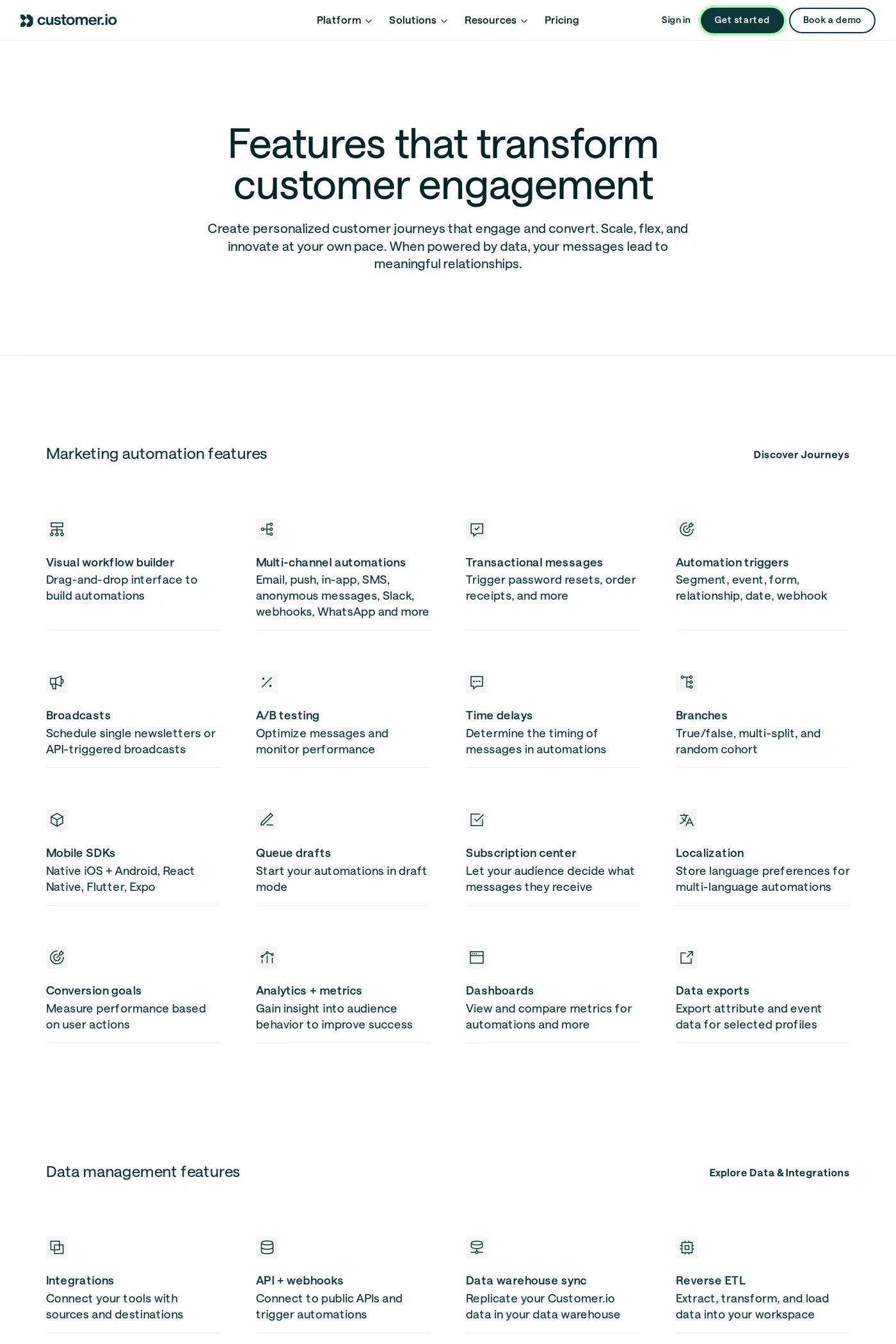 Customer.io — screenshot of the features page