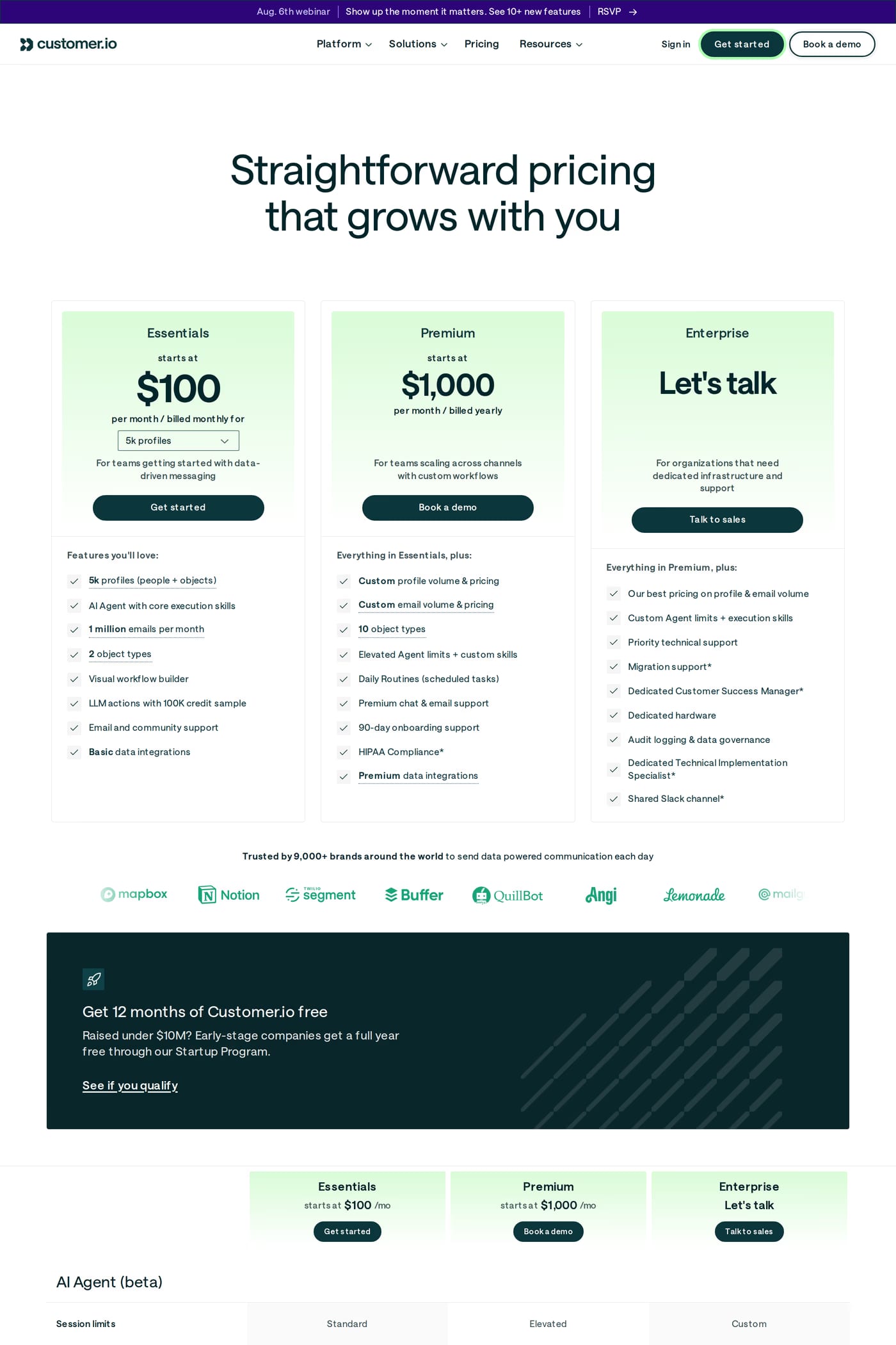 Customer.io pricing page