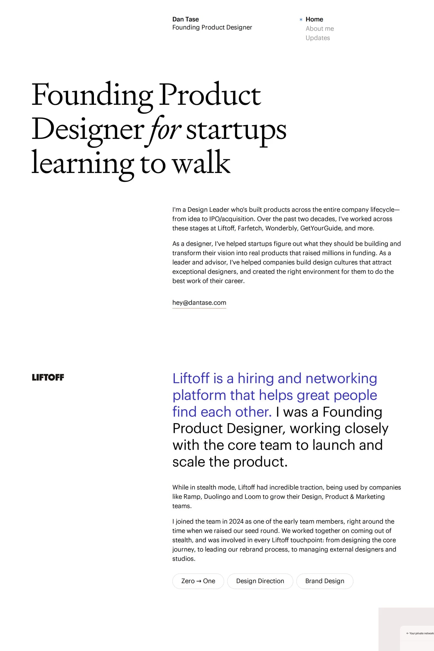 Dan Tase — screenshot of the about page