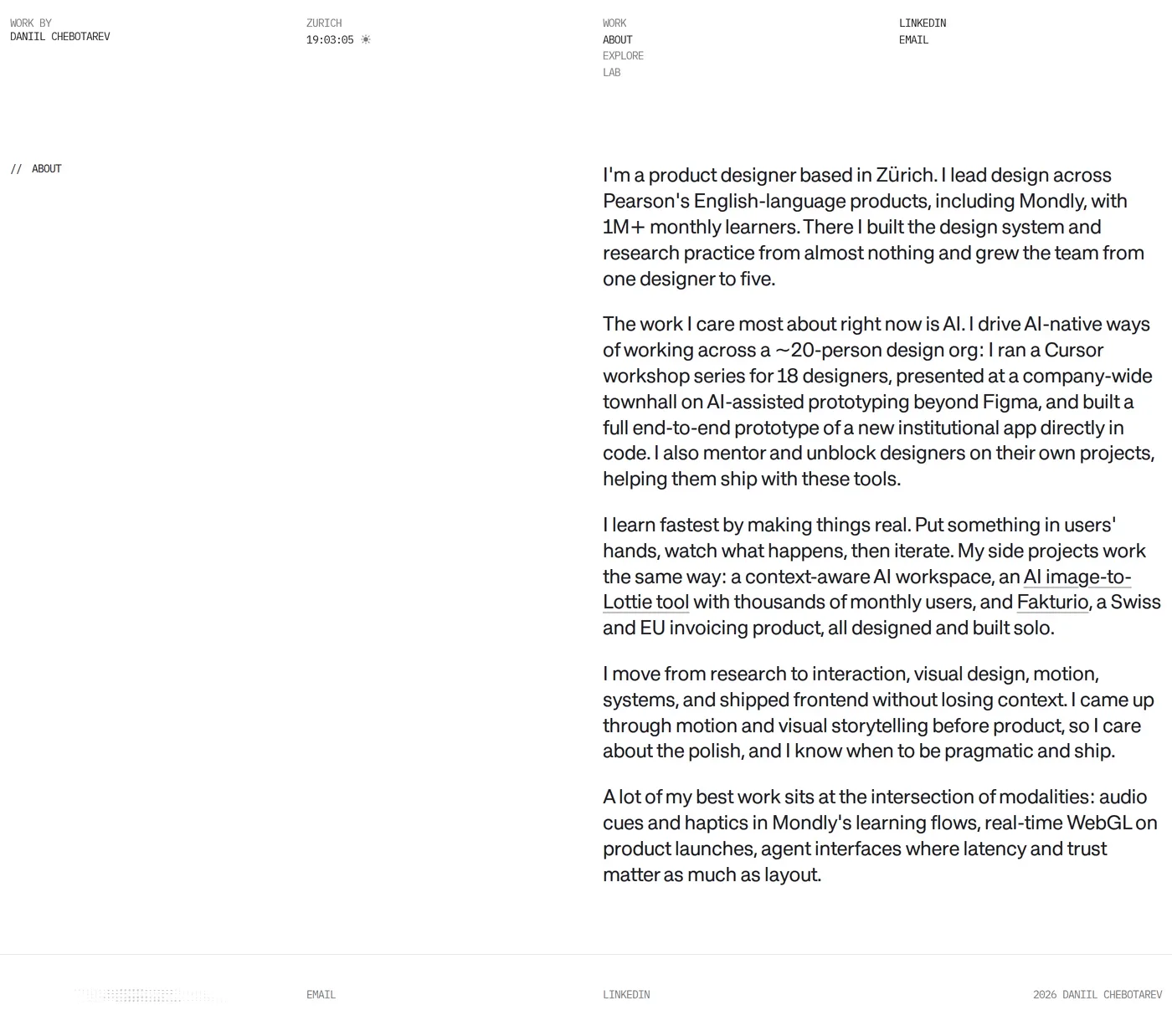 Daniil Chebotarev — screenshot of the about page