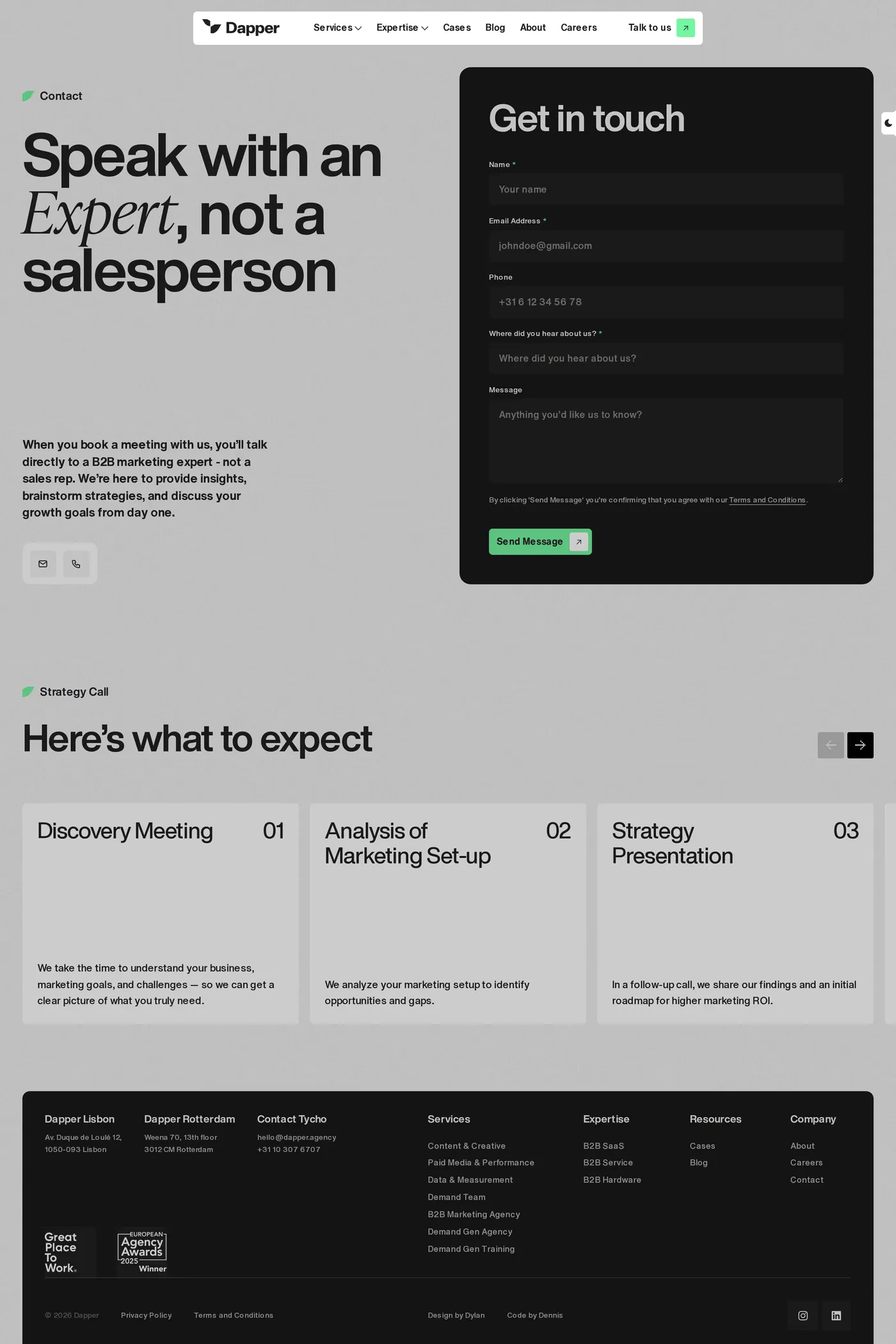 Dapper — screenshot of the contact page