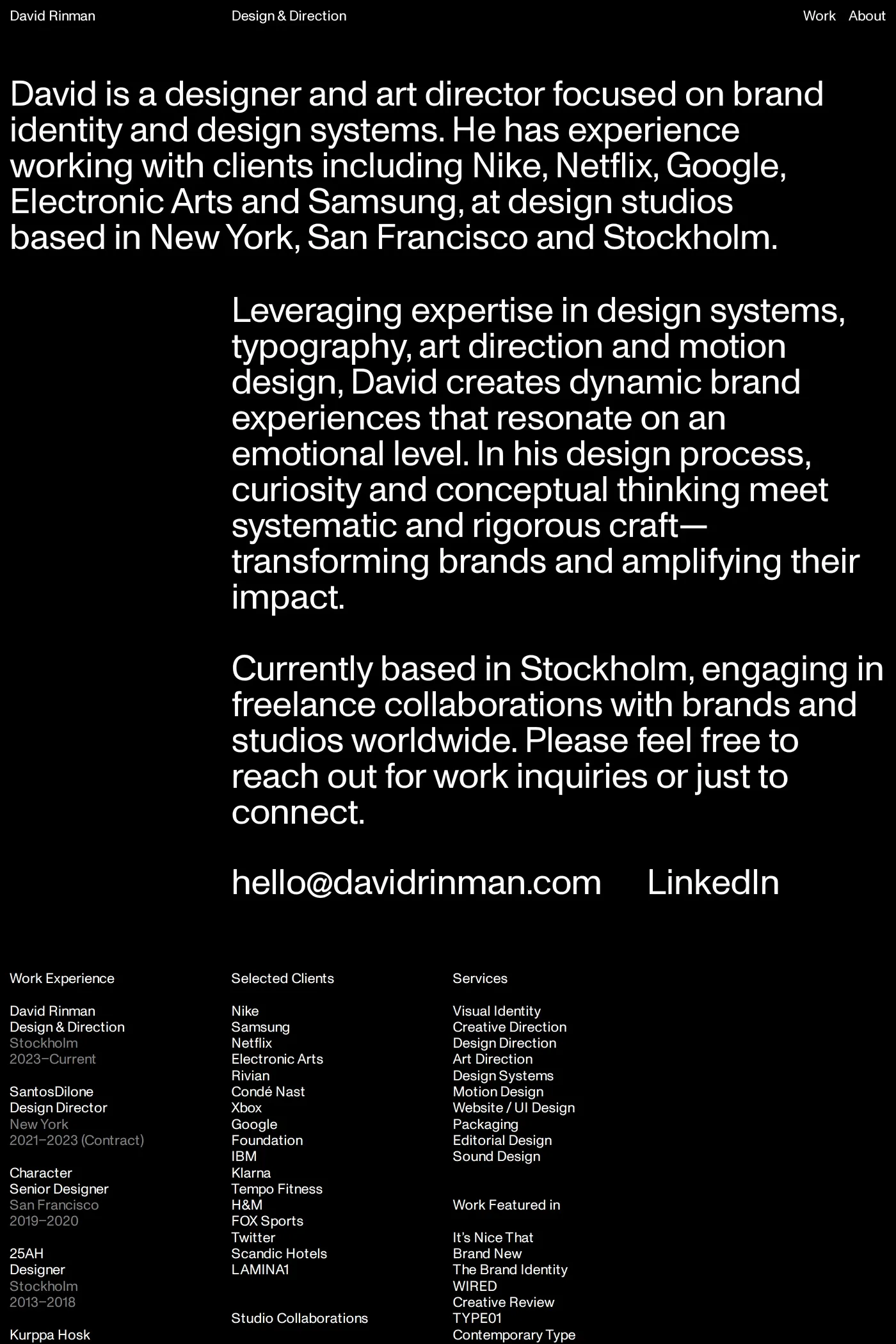 David Rinman — screenshot of the about page